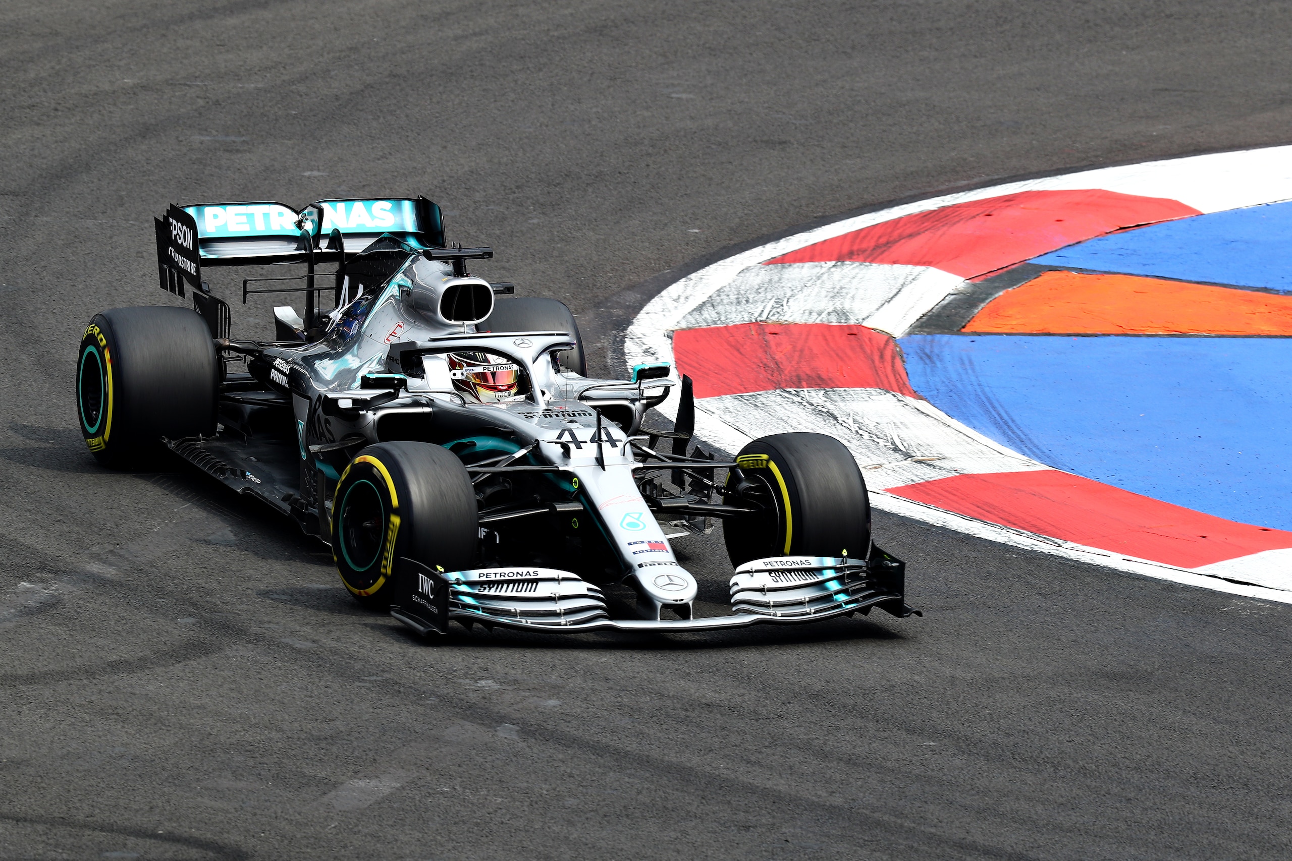 MEXICO CITY, MEXICO - OCTOBER 25: Lewis Hamilton of Great Britain driving the (44) Mercedes AMG Petronas F1 Team Mercedes W10 on track during practice for the F1 Grand Prix of Mexico at Autodromo Hermanos Rodriguez on October 25, 2019 in Mexico City, Mexi