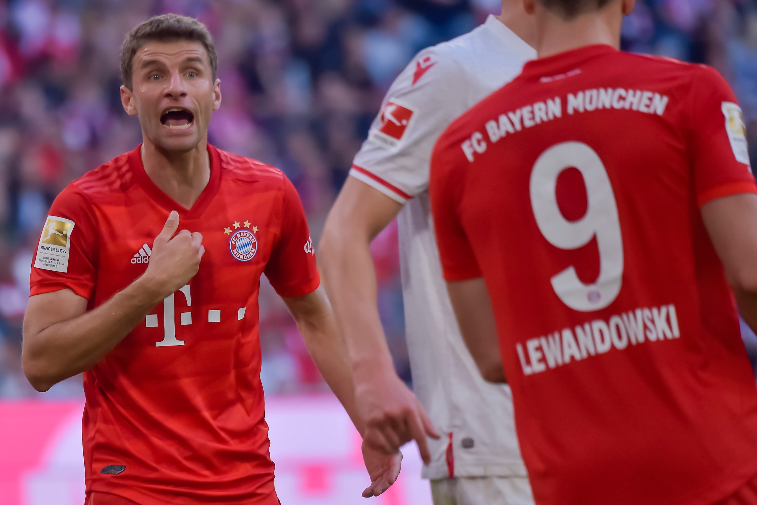 Bayern Munich's German forward Thomas Mueller reacts during during the German First division Bundesliga football match between Bayern Munich and FC Union Berlin in Munich, on October 26, 2019. (Photo by Guenter SCHIFFMANN / AFP) / DFL REGULATIONS PROHIBIT