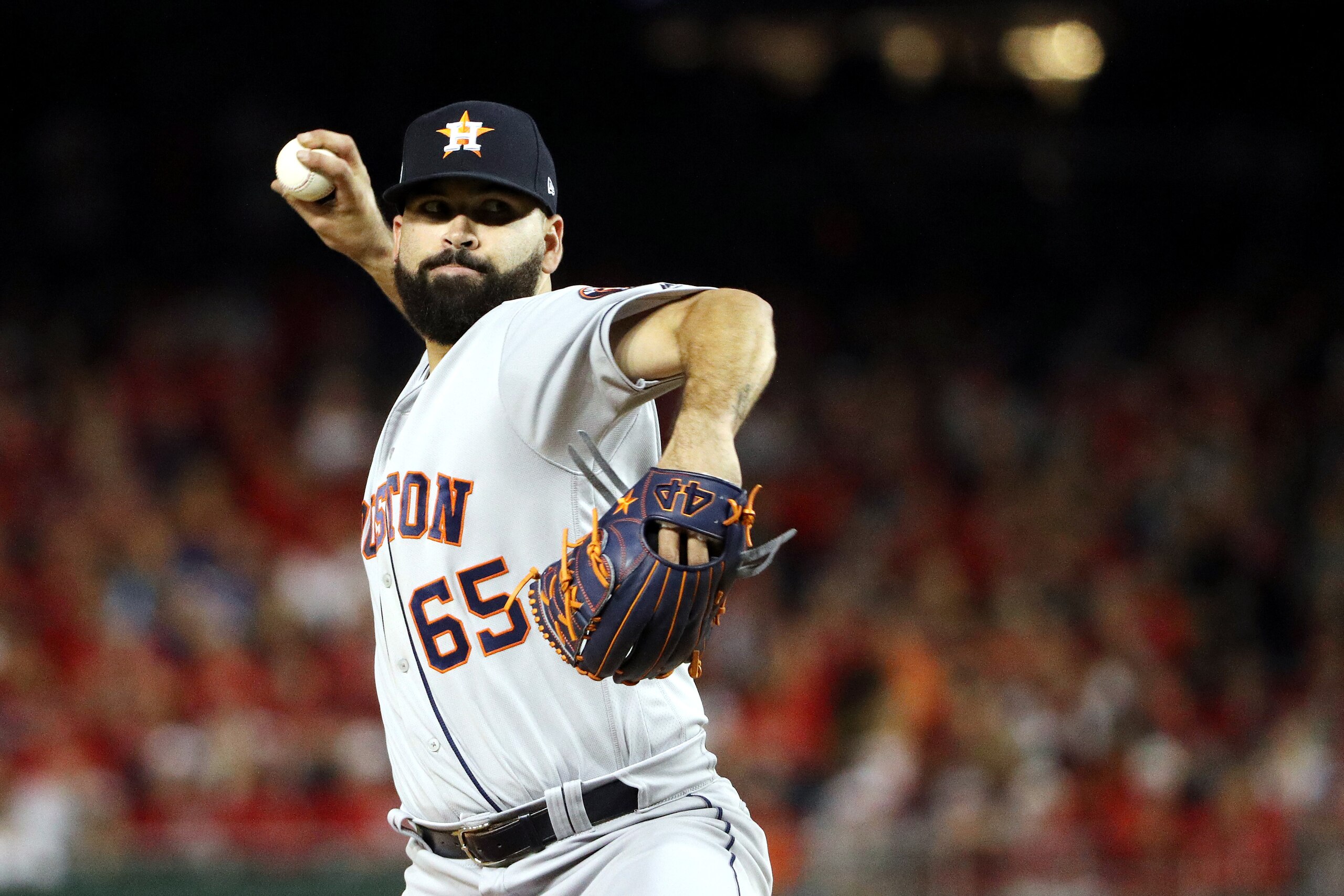 WASHINGTON, DC - OCTOBER 26:  Jose Urquidy #65 of the Houston Astros delivers the pitch against the Washington Nationals during the fifth inning in Game Four of the 2019 World Series at Nationals Park on October 26, 2019 in Washington, DC. (Photo by Patri