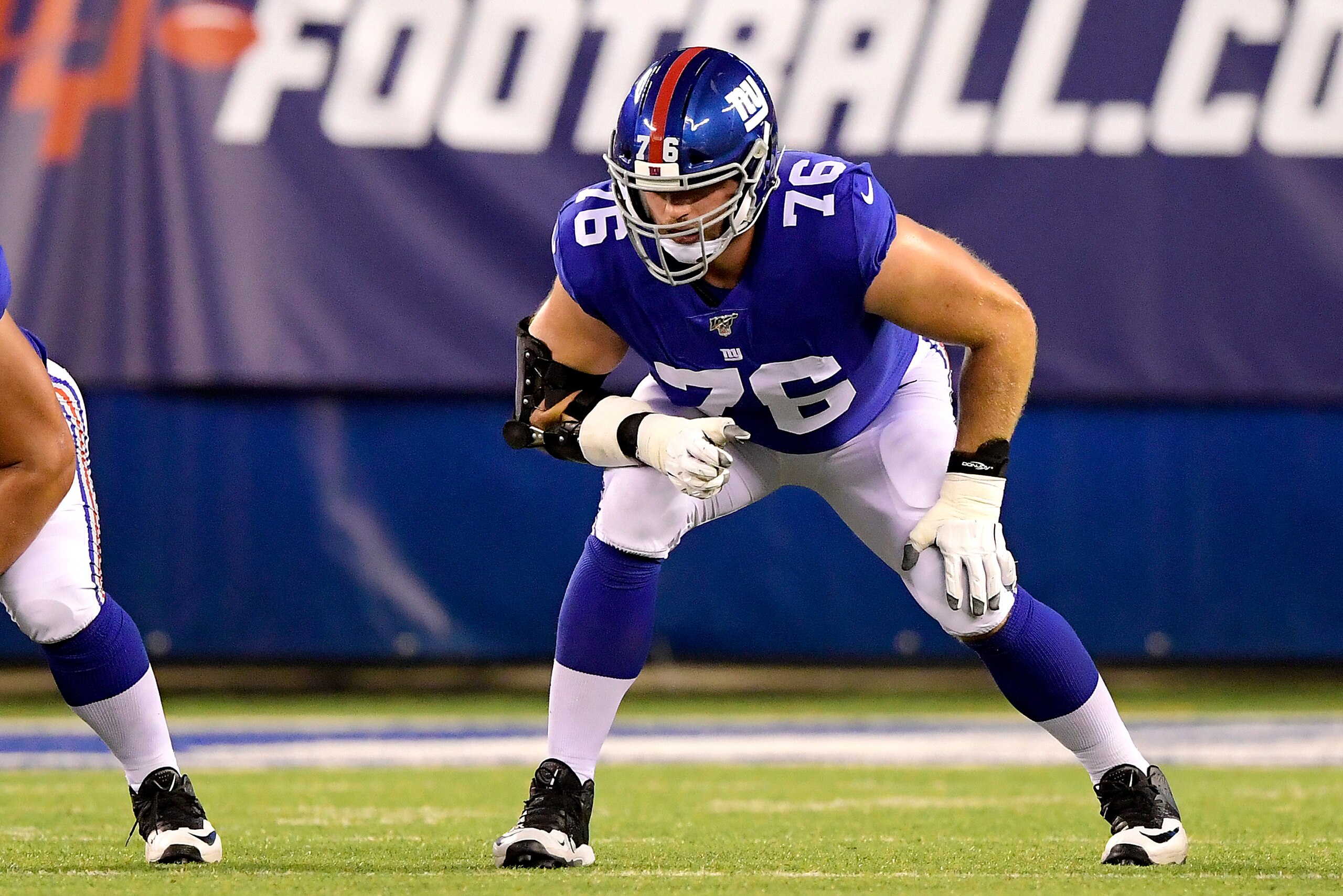EAST RUTHERFORD, NEW JERSEY - AUGUST 16: Nate Solder #76 of the New York Giants lines up for the play against the Chicago Bears during a preseason game at MetLife Stadium on August 16, 2019 in East Rutherford, New Jersey. (Photo by Steven Ryan/Getty Image