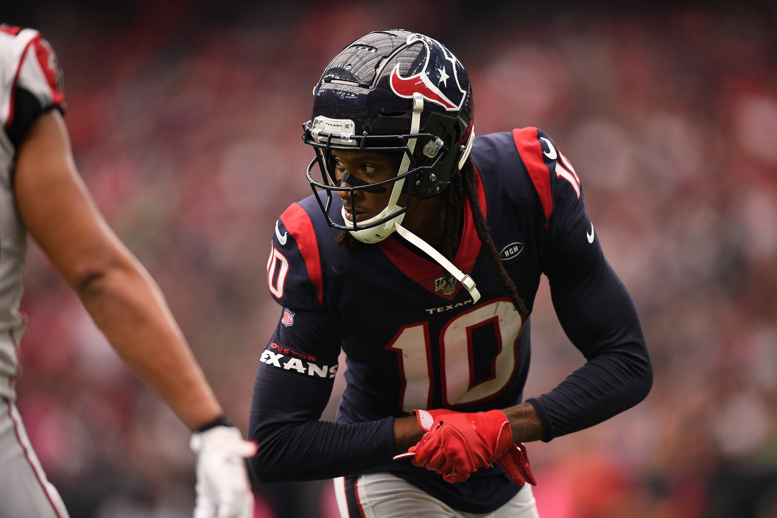 HOUSTON, TEXAS - OCTOBER 06: DeAndre Hopkins #10 of the Houston Texans lines up in the fourth quarter against the Atlanta Falcons at NRG Stadium on October 06, 2019 in Houston, Texas. (Photo by Mark Brown/Getty Images) HOUSTON, TEXAS - OCTOBER 06: DeAndre Hopkins #10 of the Houston Texans lines up in the fourth quarter against the Atlanta Falcons at NRG Stadium on October 06, 2019 in Houston, Texas. (Photo by Mark Brown/Getty Images)