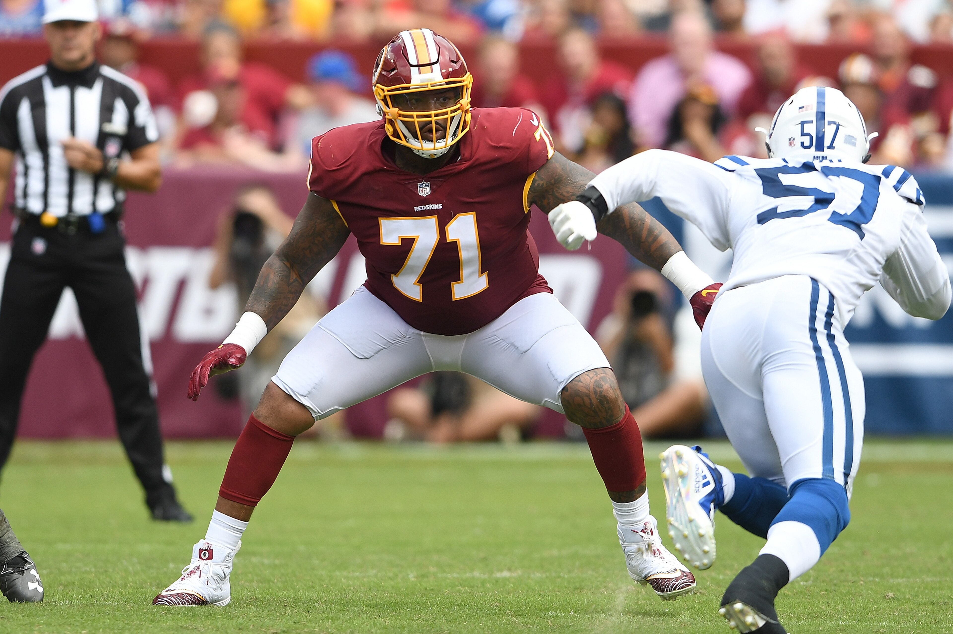 LANDOVER, MD - SEPTEMBER 16: Trent Williams #71 of the Washington Redskins blocks against the Indianapolis Colts at FedExField on September 16, 2018 in Landover, Maryland. (Photo by G Fiume/Getty Images) LANDOVER, MD - SEPTEMBER 16: Trent Williams #71 of the Washington Redskins blocks against the Indianapolis Colts at FedExField on September 16, 2018 in Landover, Maryland. (Photo by G Fiume/Getty Images)