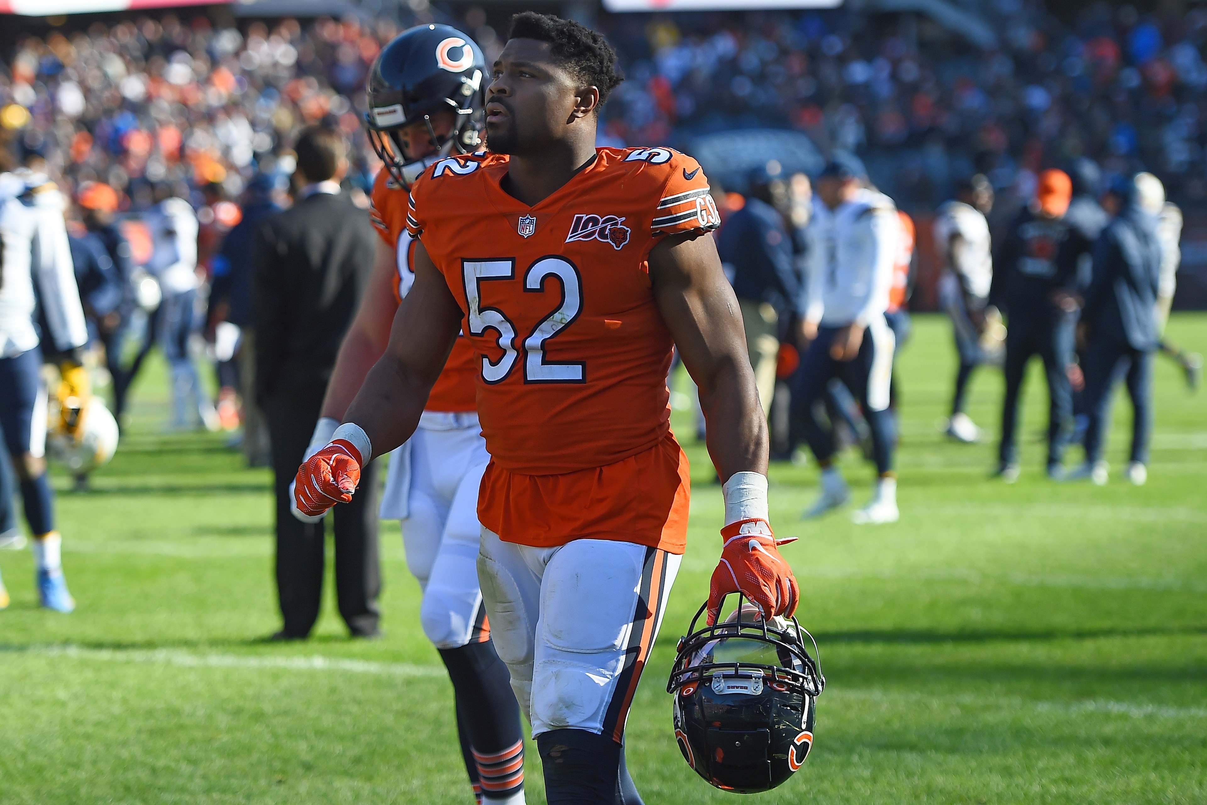 CHICAGO, ILLINOIS - OCTOBER 27:  Khalil Mack #52 of the Chicago Bears leaves the field following a game against the Los Angeles Chargers at Soldier Field on October 27, 2019 in Chicago, Illinois. (Photo by Stacy Revere/Getty Images)