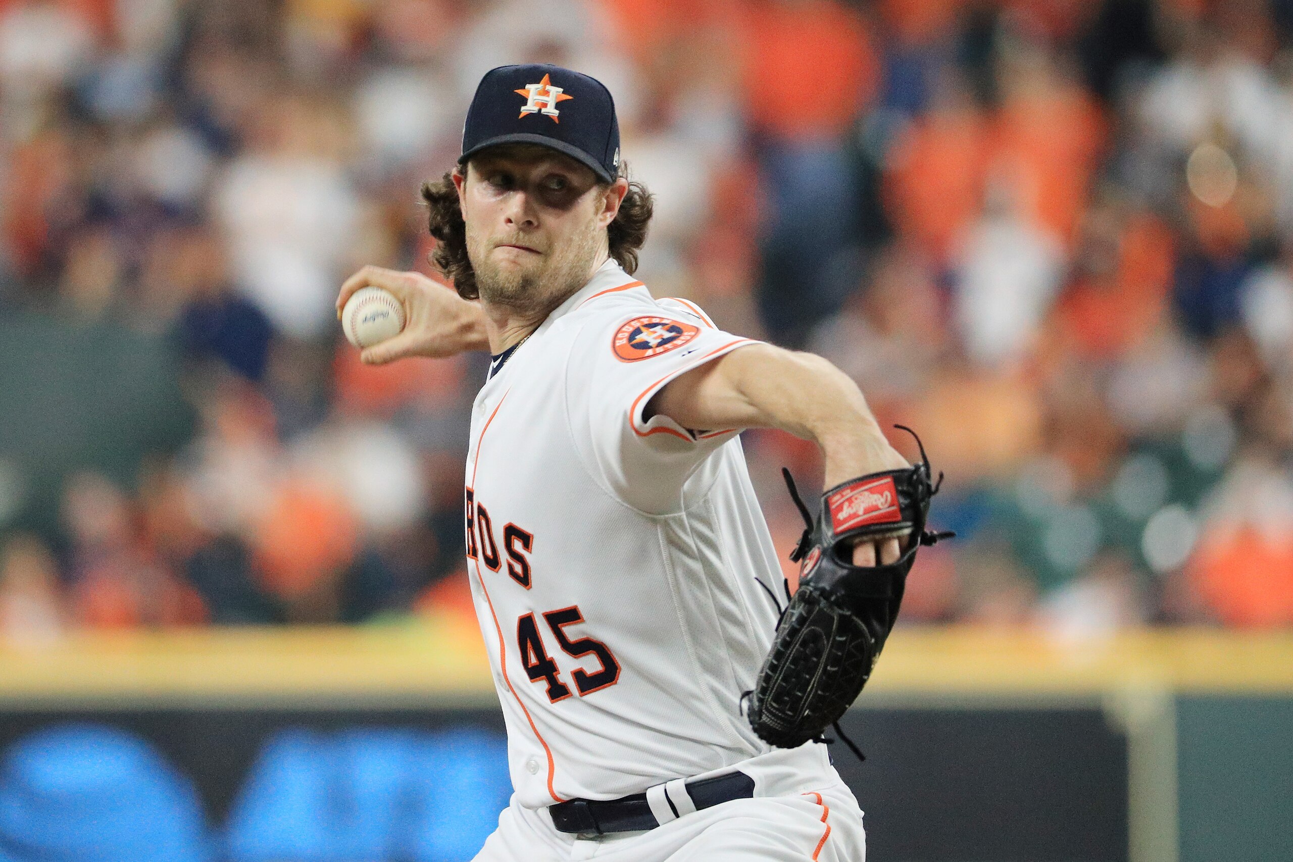 HOUSTON, TEXAS - OCTOBER 22:  Gerrit Cole #45 of the Houston Astros delivers the pitch against the Washington Nationals during the third inning in Game One of the 2019 World Series at Minute Maid Park on October 22, 2019 in Houston, Texas. (Photo by Mike 