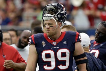 HOUSTON, TEXAS - OCTOBER 27: J.J. Watt #99 of the Houston Texans looks on from the sidelines during the second half against the Oakland Raiders at NRG Stadium on October 27, 2019 in Houston, Texas. (Photo by Bob Levey/Getty Images)