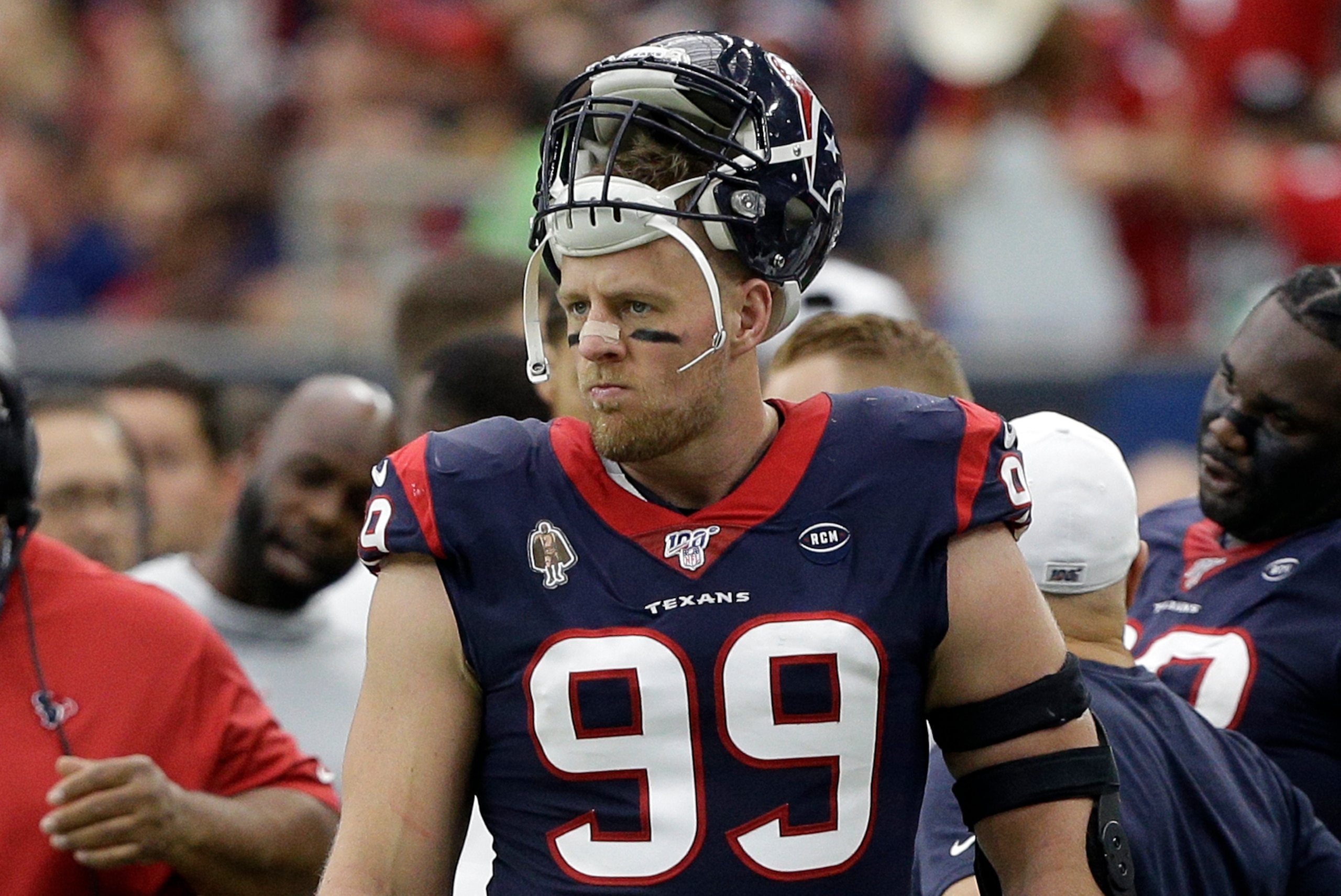 HOUSTON, TEXAS - OCTOBER 27: J.J. Watt #99 of the Houston Texans looks on from the sidelines during the second half against the Oakland Raiders at NRG Stadium on October 27, 2019 in Houston, Texas. (Photo by Bob Levey/Getty Images)