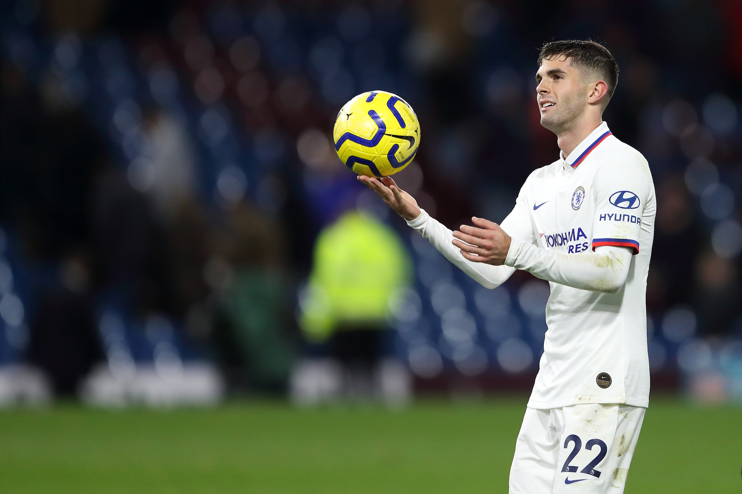 BURNLEY, ENGLAND - OCTOBER 26: Christian Pulisic of Chelsea with the match ball at full time after scoring a hat trick in the Premier League match between Burnley FC and Chelsea FC at Turf Moor on October 26, 2019 in Burnley, United Kingdom. (Photo by Jam