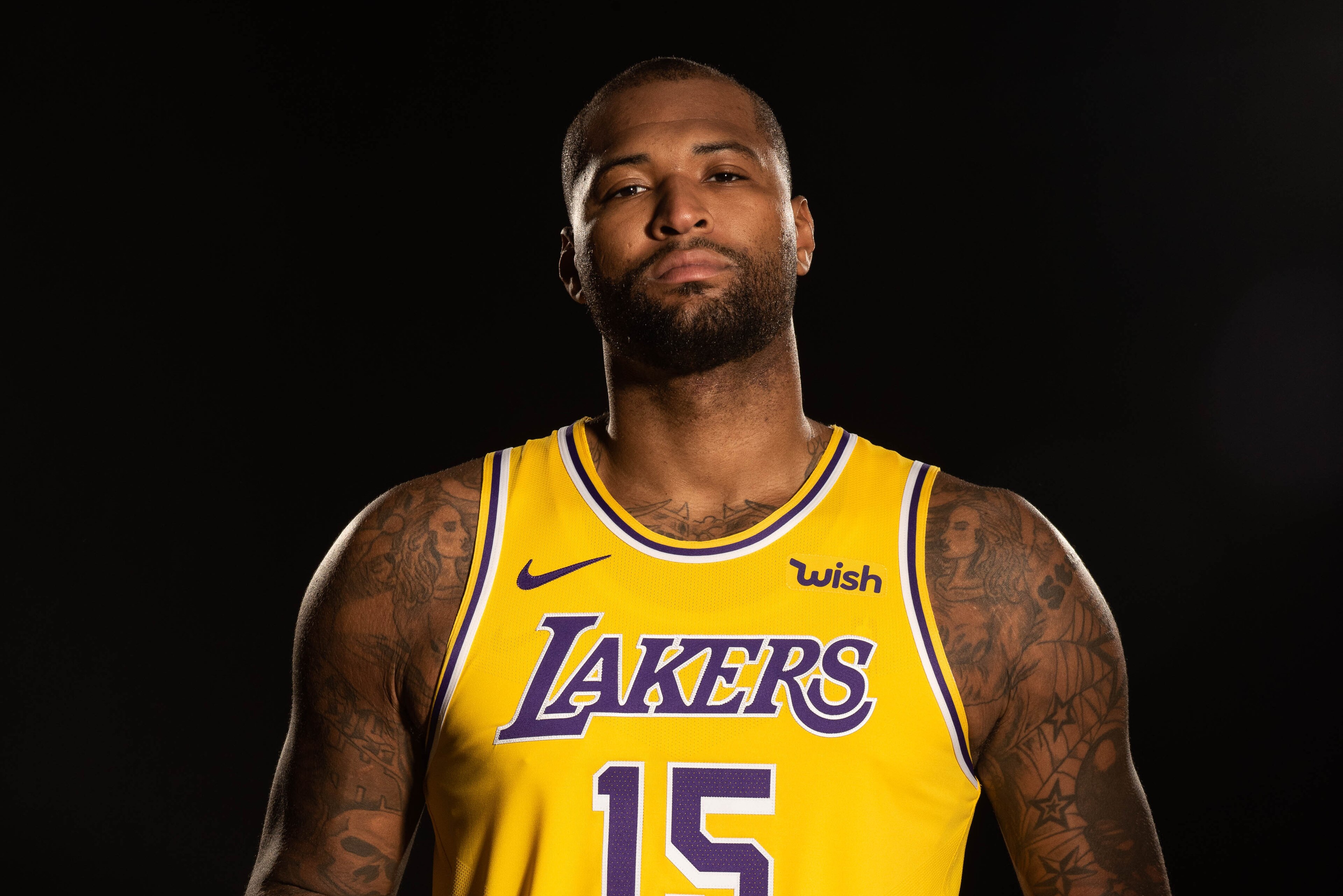 EL SEGUNDO, CA - SEPTEMBER 27: DeMarcus Cousins #15 of the Los Angeles Lakers poses for a portrait during media day on September 27, 2019 at the UCLA Health Training Center in El Segundo, California. NOTE TO USER: User expressly acknowledges and agrees th