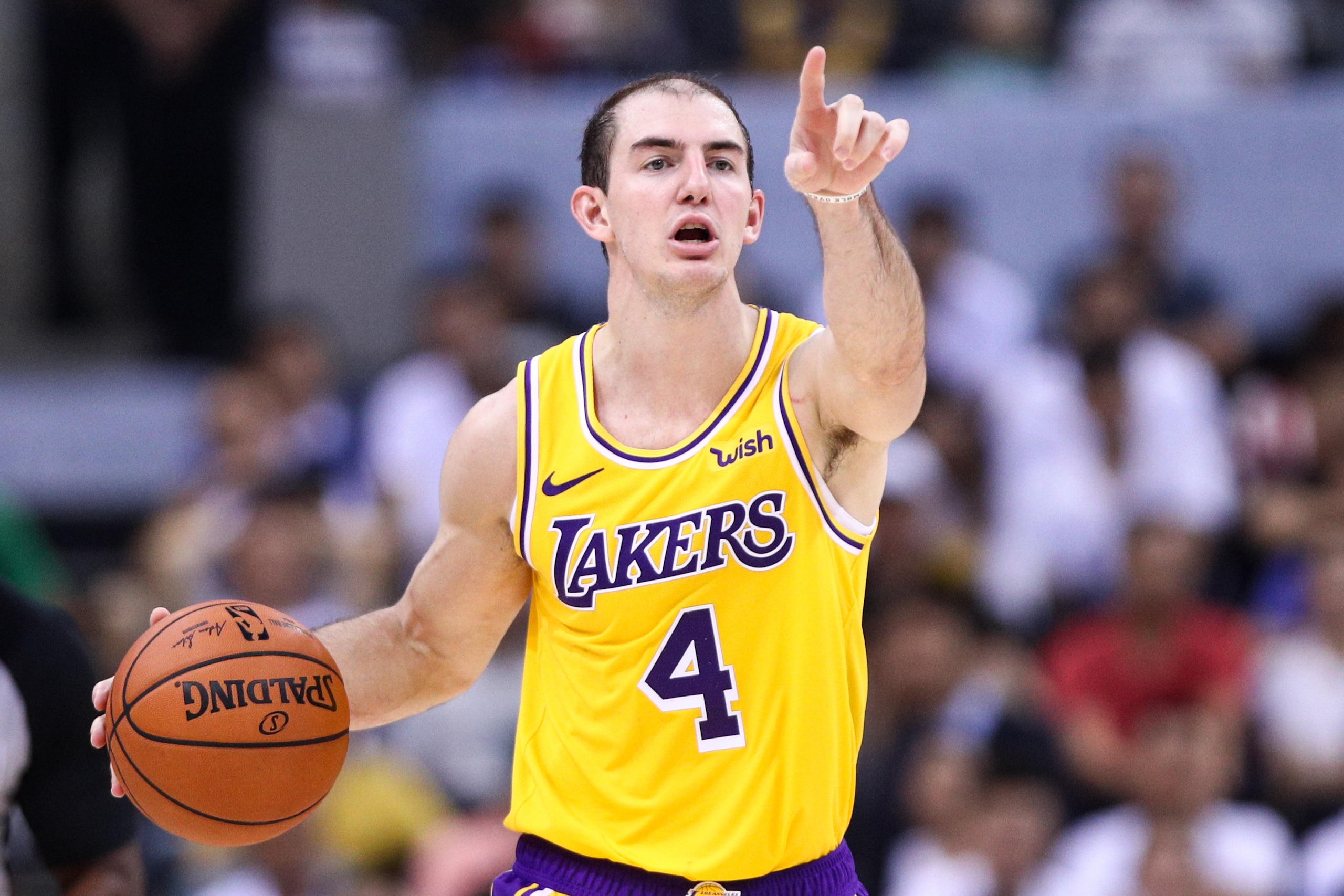 SHENZHEN, CHINA - OCTOBER 12: Alex Caruso #4  of the Los Angeles Lakers in action during the match against the Brooklyn Nets during a preseason game as part of 2019 NBA Global Games China at Shenzhen Universiade Center on October 12, 2019 in Shenzhen, Gua
