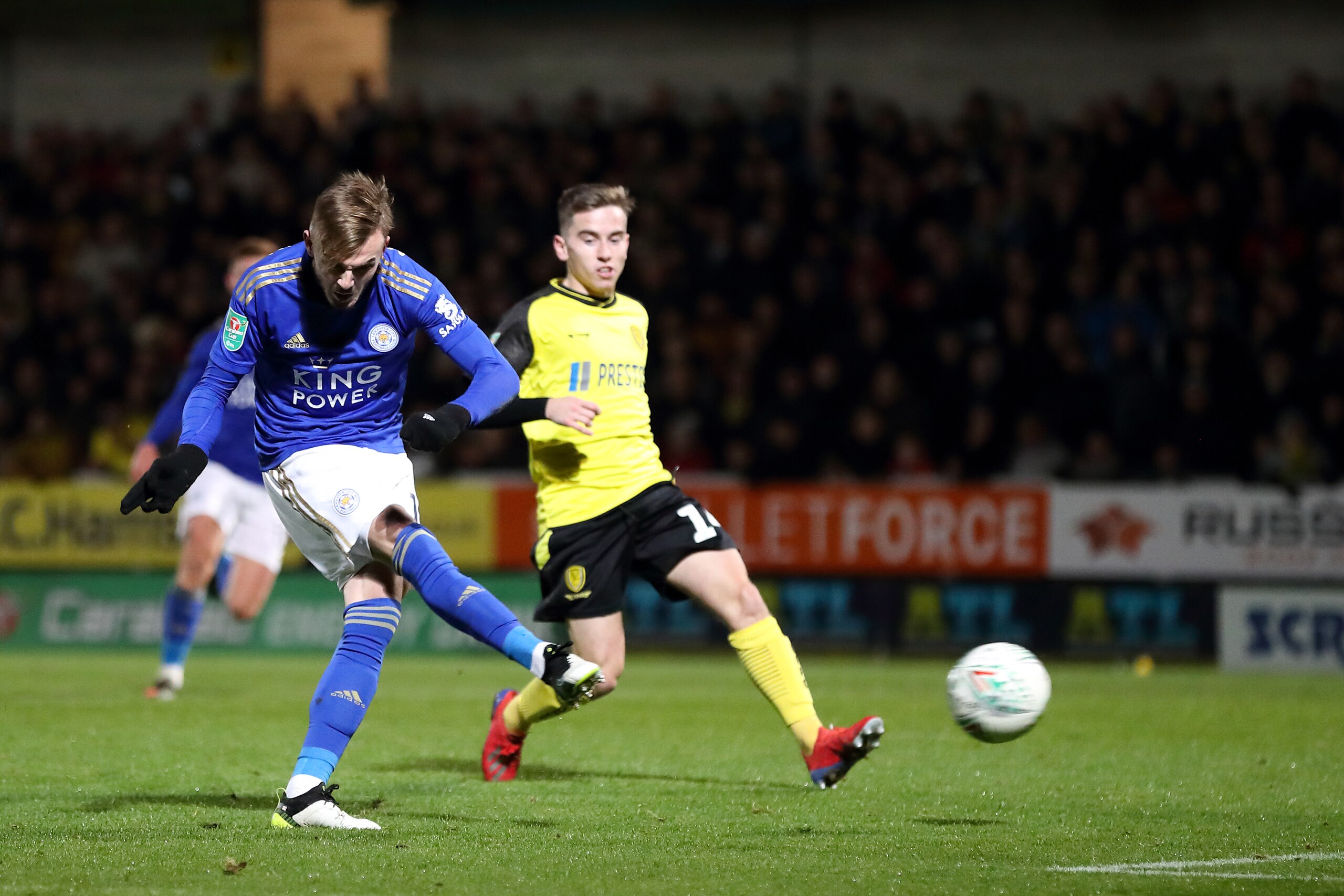 BURTON-UPON-TRENT, ENGLAND - OCTOBER 29: James Maddison of Leicester City scores a goal to make it 1-3 during the Carabao Cup Round of 16 match between Burton Albion and Leicester City at Pirelli Stadium on October 29, 2019 in Burton-upon-Trent, England. 