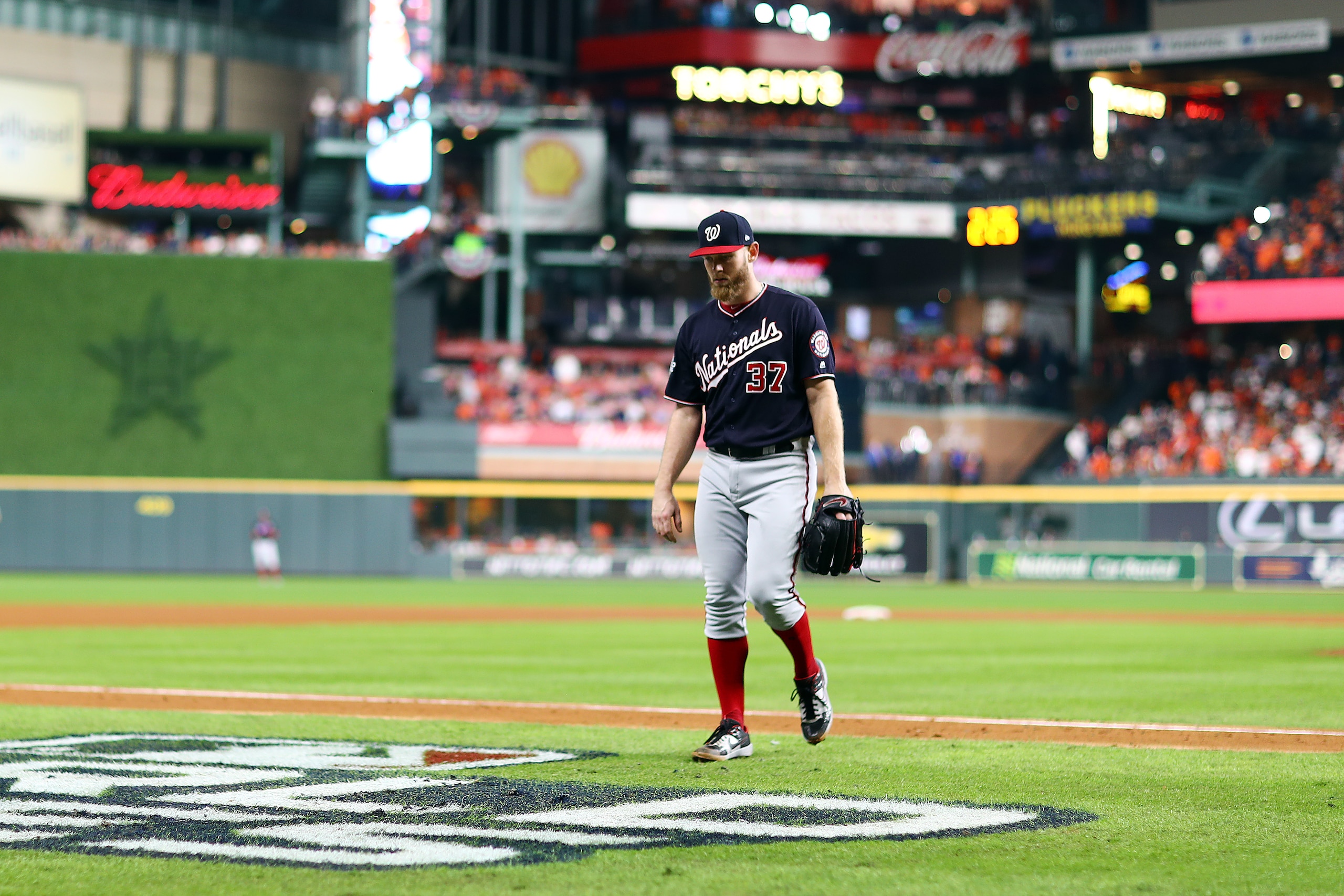 HOUSTON, TEXAS - OCTOBER 29:  Stephen Strasburg #37 of the Washington Nationals is taken out of the game against the Houston Astros during the ninth inning in Game Six of the 2019 World Series at Minute Maid Park on October 29, 2019 in Houston, Texas. (Ph