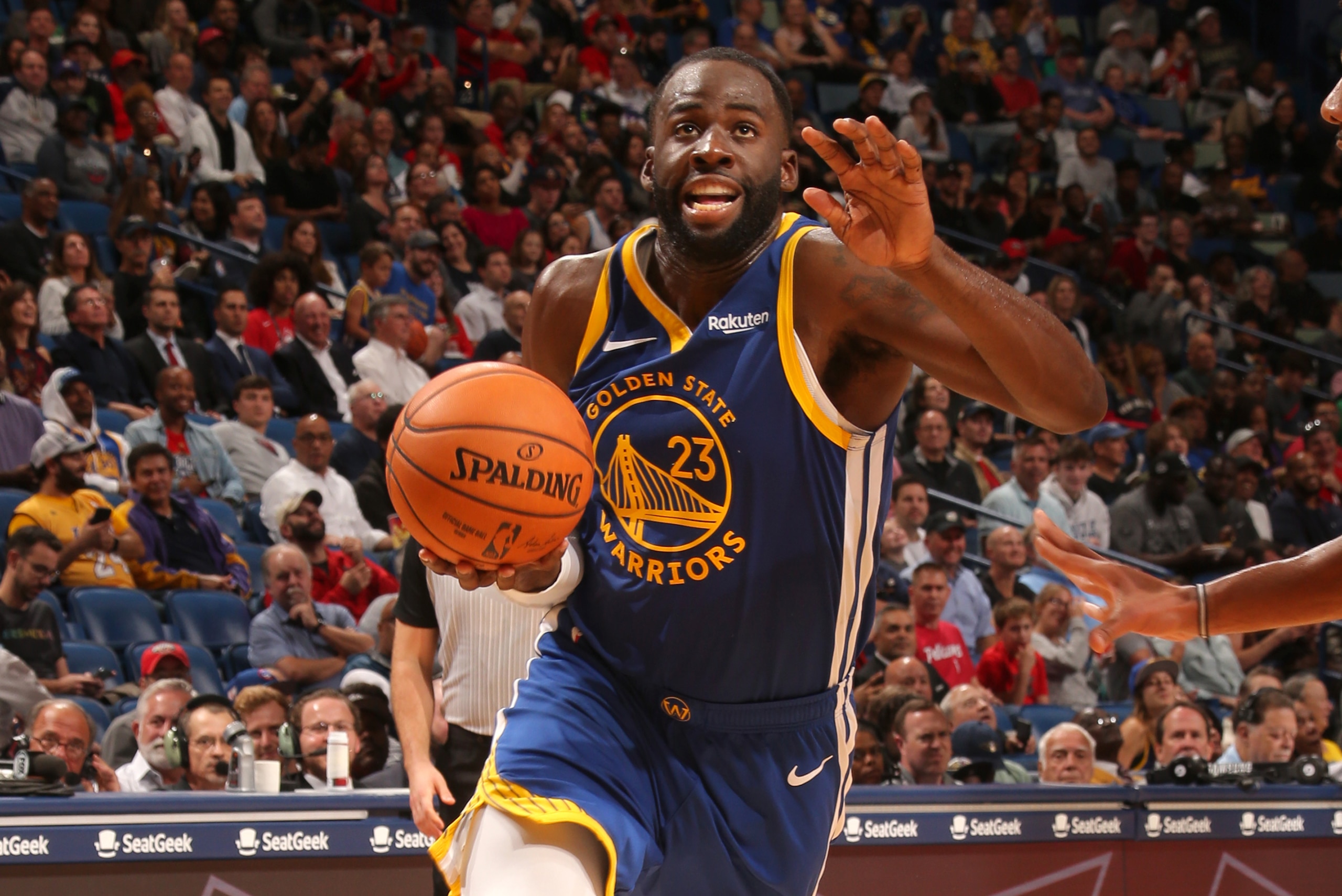 NEW ORLEANS, LA -OCTOBER 28:  Draymond Green #23 of the Golden State Warriors drives to the basket against the New Orleans Pelicans on October 28, 2019 at the Smoothie King Center in New Orleans, Louisiana. NOTE TO USER: User expressly acknowledges and ag