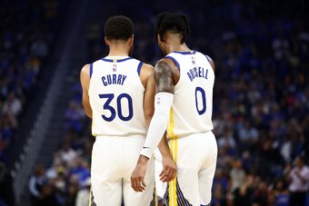 SAN FRANCISCO, CALIFORNIA - OCTOBER 24:   Stephen Curry #30 of the Golden State Warriors talks to D'Angelo Russell #0 during their game against the LA Clippers at Chase Center on October 24, 2019 in San Francisco, California.  NOTE TO USER: User expressly