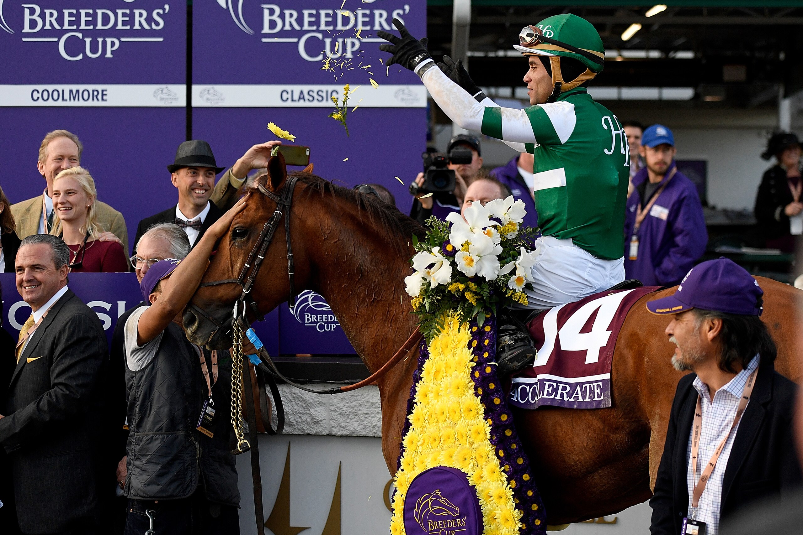 LOUISVILLE, KY - NOVEMBER 03: Joel Rosario celebrates after riding Accelerate to victory in the Breeders' Cup Classic on the second day of the Breeders' Cup at Churchill Downs on November 3, 2018 in Louisville, Kentucky. (Photo by Bobby Ellis/Getty Image LOUISVILLE, KY - NOVEMBER 03: Joel Rosario celebrates after riding Accelerate to victory in the Breeders' Cup Classic on the second day of the Breeders' Cup at Churchill Downs on November 3, 2018 in Louisville, Kentucky. (Photo by Bobby Ellis/Getty Image
