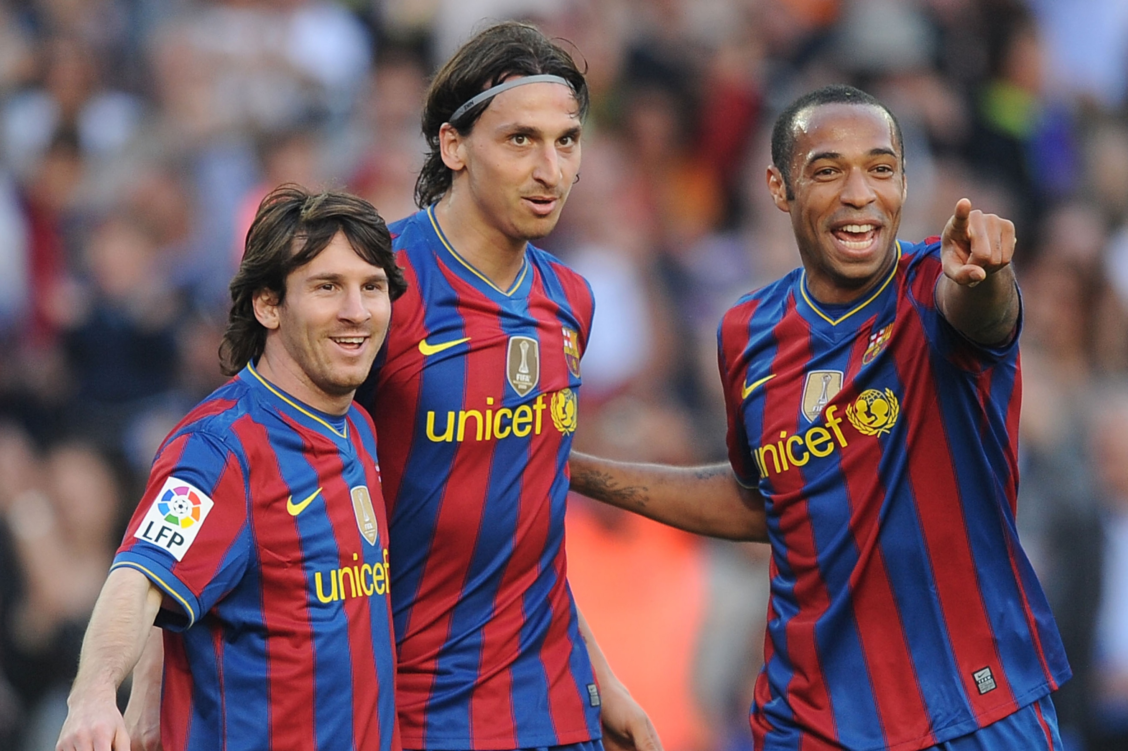 BARCELONA, SPAIN - APRIL 24:  Lionel Messi (L), Zlatan Ibrahimovic (C) and Thierry Henry of Barcelona celebrate after Ibrahimovic scored his team's third goal during the La Liga match between Barcelona and Xerez CD at Camp Nou stadium on April 24, 2010 in
