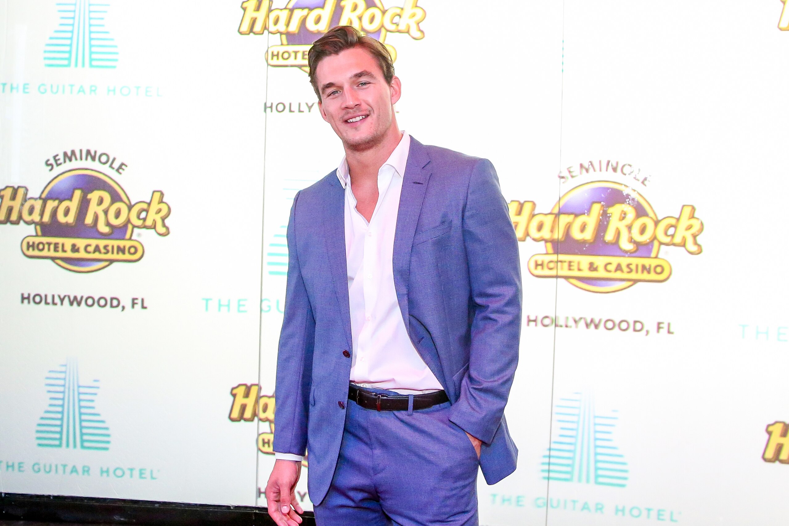 US TV personality Tyler Cameron attends the Grand Opening of the Guitar Hotel expansion at Seminole Hard Rock Hotel & Casino Hollywood, in Hollywood, Florida, October 24, 2019. (Photo by Zak BENNETT / AFP) (Photo by ZAK BENNETT/AFP via Getty Images) US TV personality Tyler Cameron attends the Grand Opening of the Guitar Hotel expansion at Seminole Hard Rock Hotel & Casino Hollywood, in Hollywood, Florida, October 24, 2019. (Photo by Zak BENNETT / AFP) (Photo by ZAK BENNETT/AFP via Getty Images)
