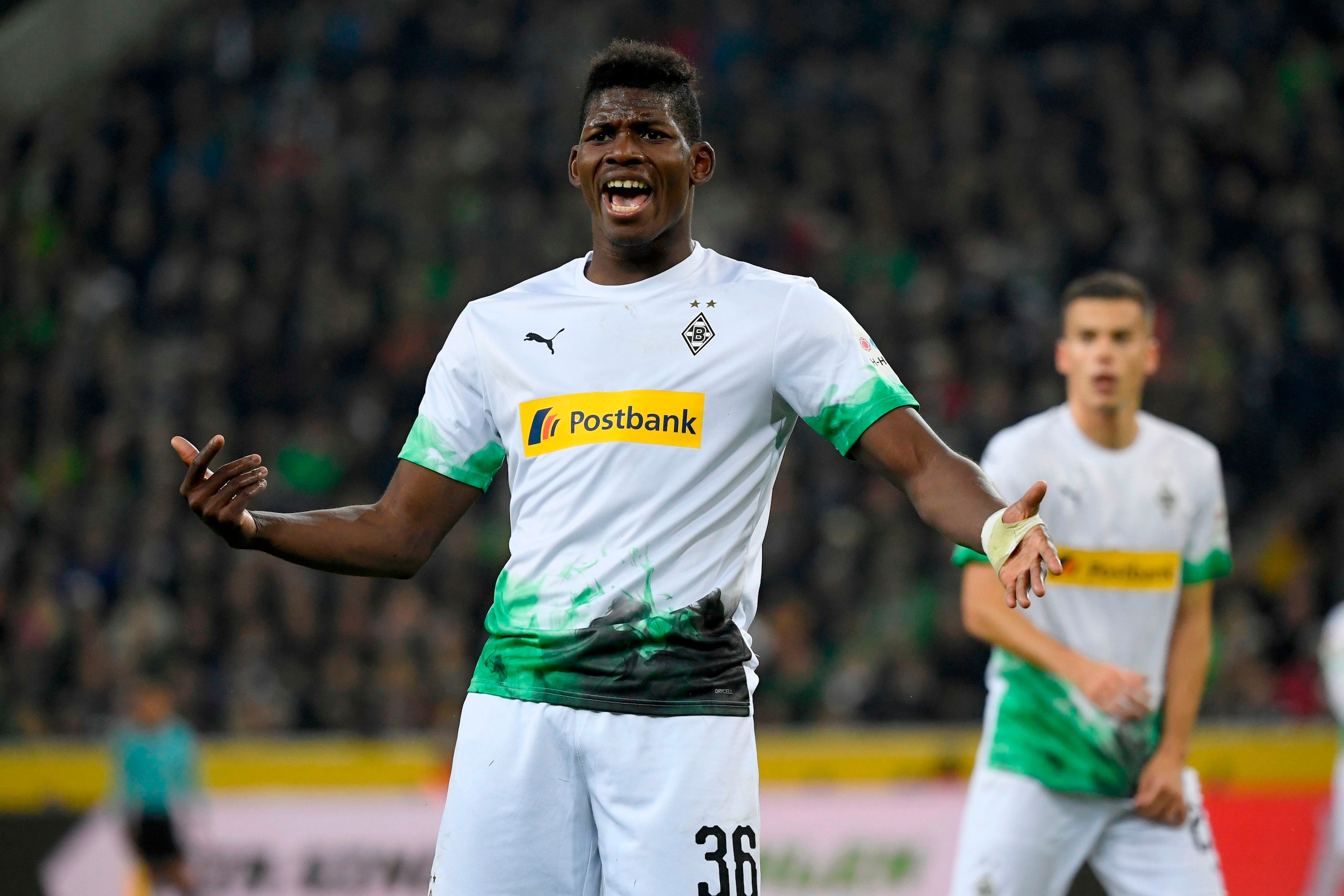 Moenchengladbach's Swiss forward Breel Embolo reacts during the German First division Bundesliga football match between Borussia Moenchengladbach and Eintracht Frankfurt, on October 27, 2019 in Moenchengladbach. (Photo by INA FASSBENDER / AFP) / DFL REGUL