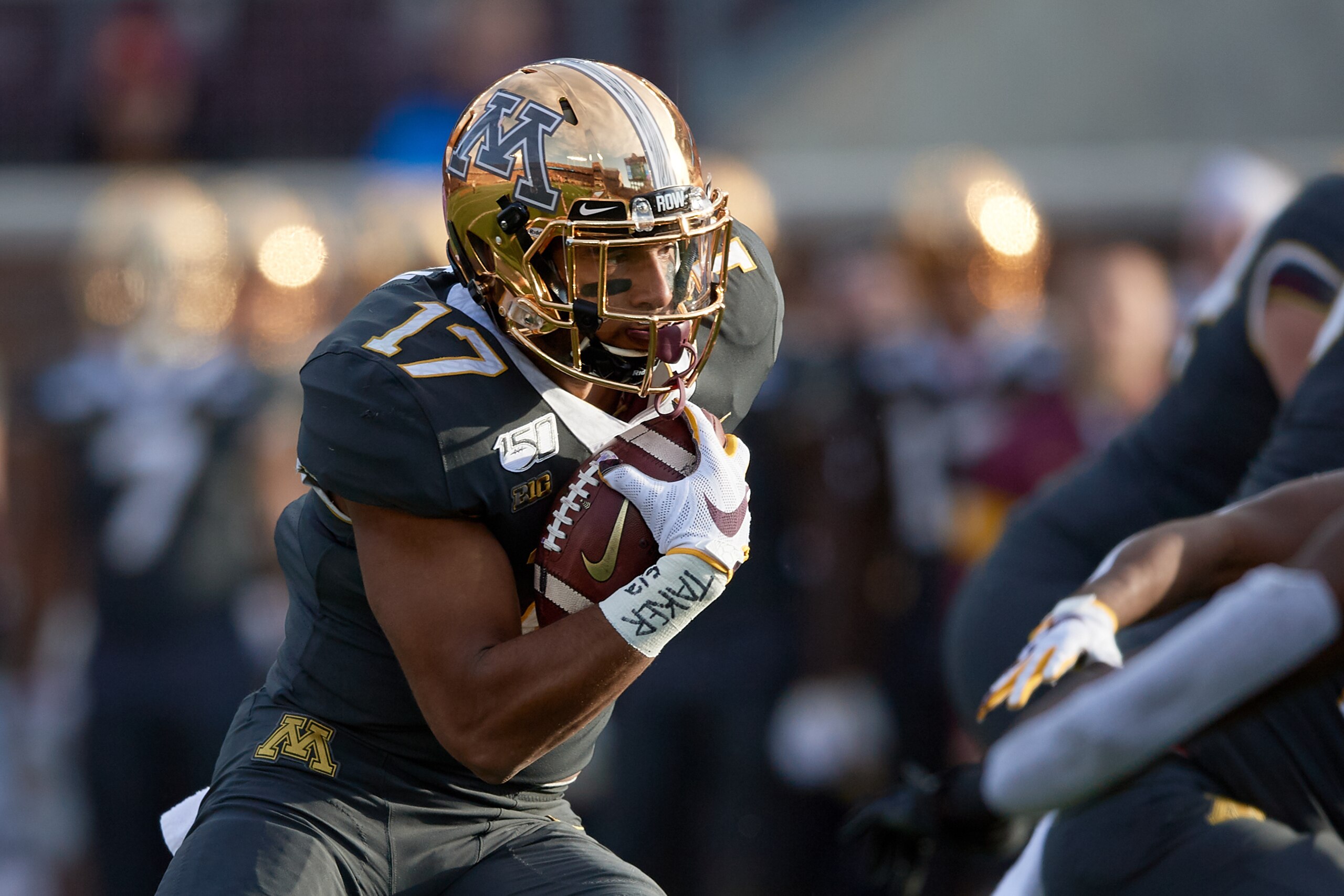 MINNEAPOLIS, MINNESOTA - OCTOBER 26: Seth Green #17 of the Minnesota Gophers carries the ball against the Maryland Terrapins during the game at TCF Bank Stadium on October 26, 2019 in Minneapolis, Minnesota. The Gophers defeated the Terrapins 52-10. (Phot