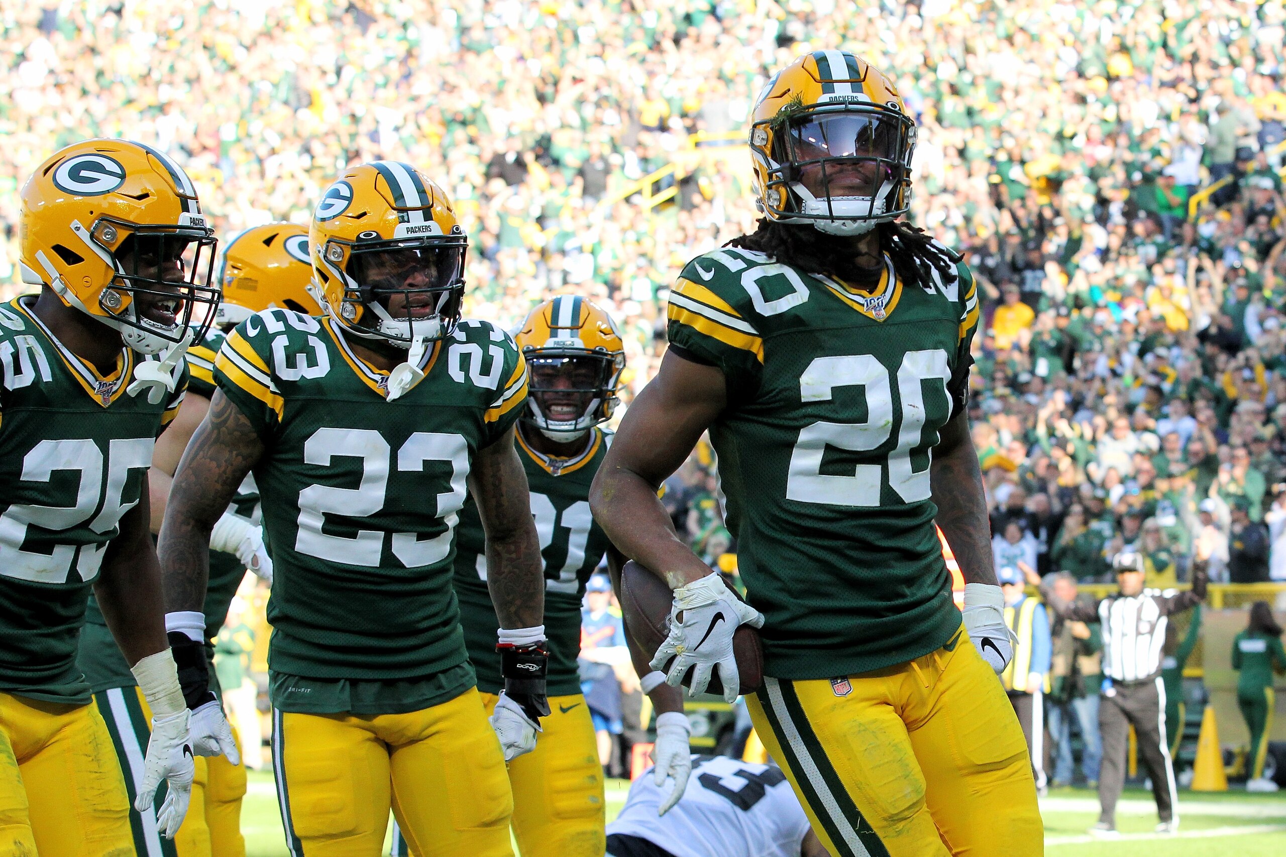 GREEN BAY, WISCONSIN - OCTOBER 20: Kevin King #20 of the Green Bay Packers celebrates after making an interception in the fourth quarter against the Oakland Raiders at Lambeau Field on October 20, 2019 in Green Bay, Wisconsin. (Photo by Dylan Buell/Getty GREEN BAY, WISCONSIN - OCTOBER 20: Kevin King #20 of the Green Bay Packers celebrates after making an interception in the fourth quarter against the Oakland Raiders at Lambeau Field on October 20, 2019 in Green Bay, Wisconsin. (Photo by Dylan Buell/Getty
