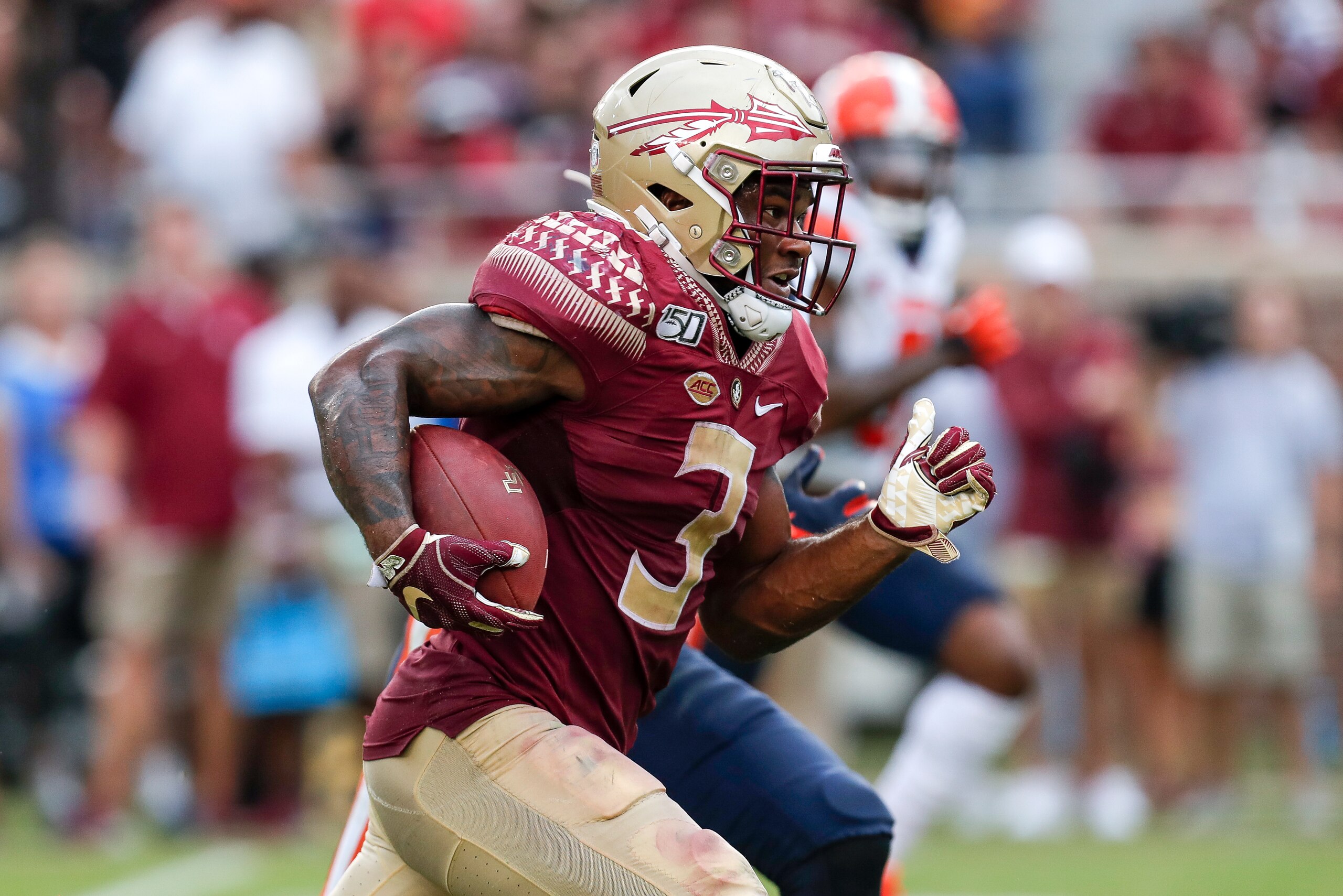TALLAHASSEE, FL - OCTOBER 26: Runningback Cam Akers #3 of the Florida State Seminoles on a running play during the game against the Syracuse Orange at Doak Campbell Stadium on Bobby Bowden Field on October 26, 2019 in Tallahassee, Florida. The Seminoles d