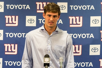 TAMPA, FL - SEPTEMBER 22: Quarterback Daniel Jones #8 of the New York Giants answers questions during the Post Press Conferencs fron the media after the game against the Tampa Bay Buccaneers at Raymond James Stadium on September 22, 2019 in Tampa, Florida