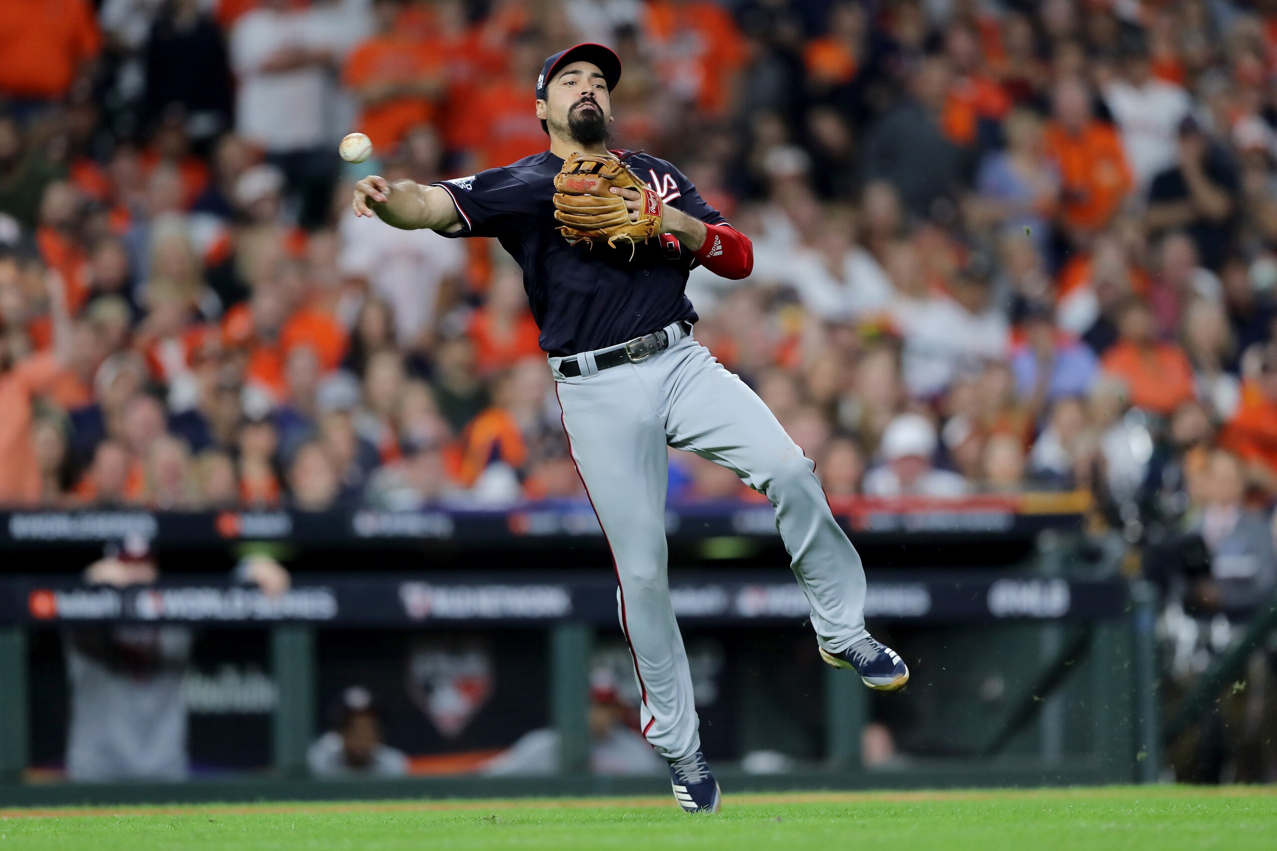 HOUSTON, TEXAS - OCTOBER 29:  Anthony Rendon #6 of the Washington Nationals throws out the runner against the Houston Astros during the eighth inning in Game Six of the 2019 World Series at Minute Maid Park on October 29, 2019 in Houston, Texas. (Photo by