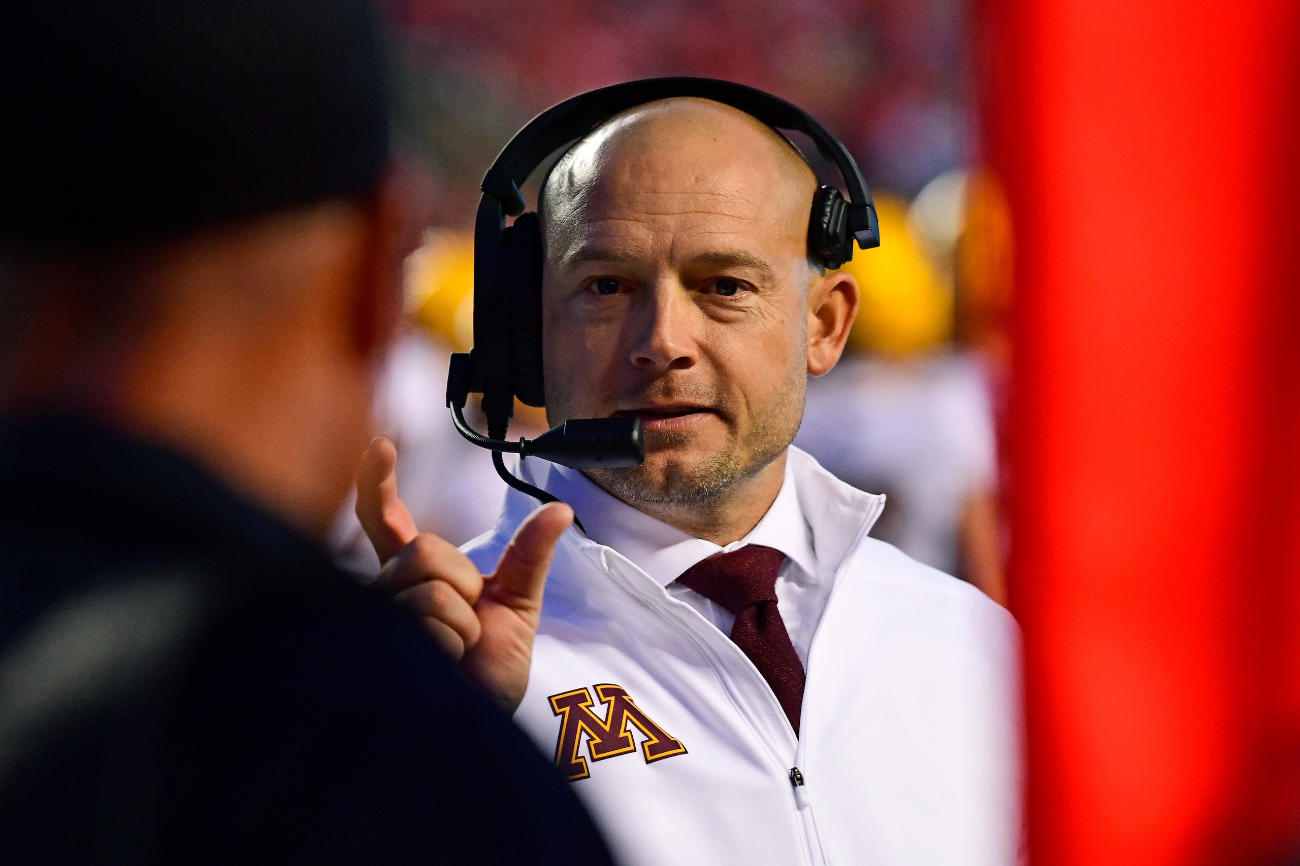PISCATAWAY, NJ - OCTOBER 19: Head coach P. J. Fleck of the Minnesota Golden Gophers signals inches to the referee during the fourth quarter at SHI Stadium on October 19, 2019 in Piscataway, New Jersey. Minnesota defeated Rutgers 42-7. (Photo by Corey Perr