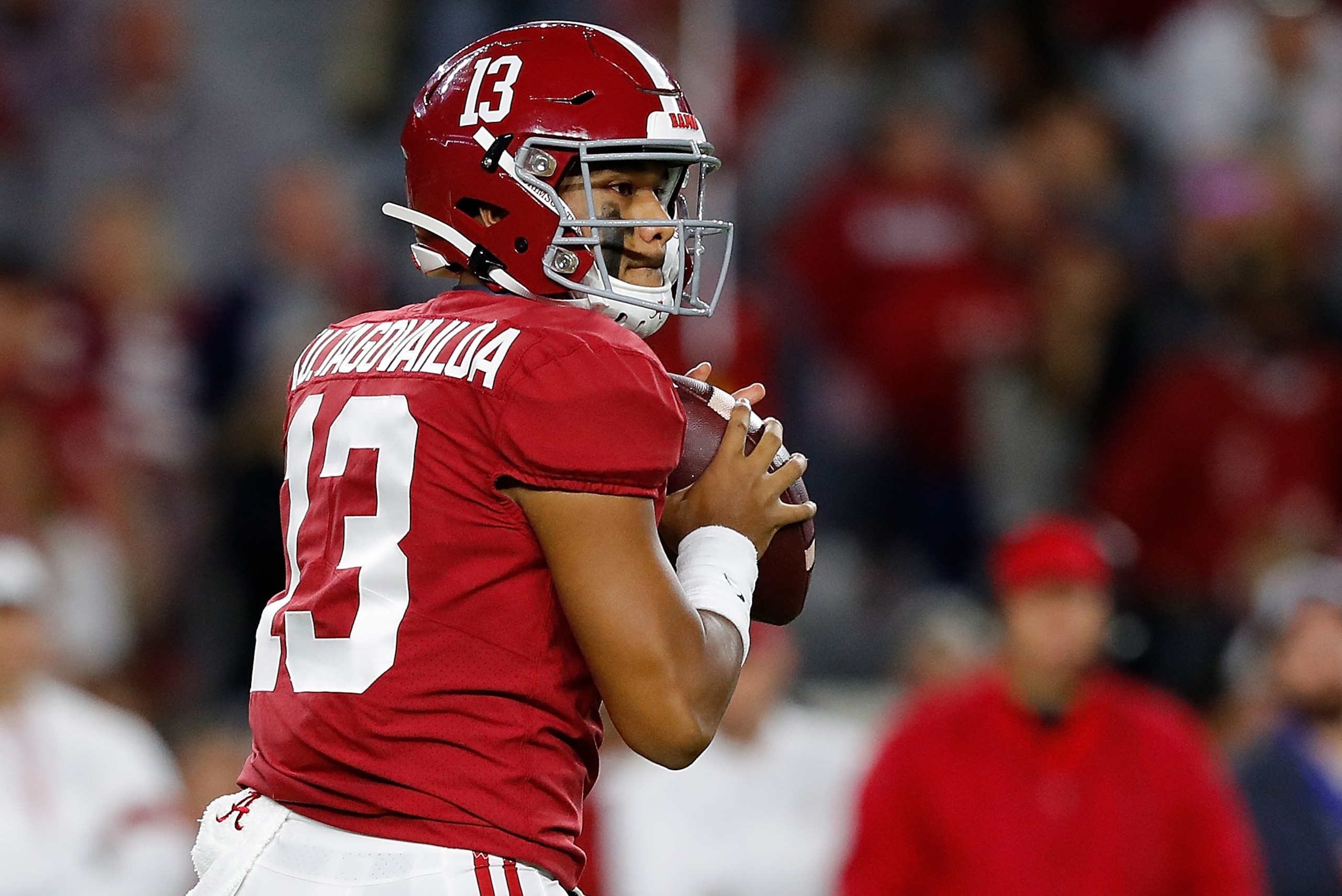 TUSCALOOSA, ALABAMA - OCTOBER 19: Tua Tagovailoa #13 of the Alabama Crimson Tide looks to pass against the Tennessee Volunteers in the first half at Bryant-Denny Stadium on October 19, 2019 in Tuscaloosa, Alabama. (Photo by Kevin C. Cox/Getty Images) TUSCALOOSA, ALABAMA - OCTOBER 19: Tua Tagovailoa #13 of the Alabama Crimson Tide looks to pass against the Tennessee Volunteers in the first half at Bryant-Denny Stadium on October 19, 2019 in Tuscaloosa, Alabama. (Photo by Kevin C. Cox/Getty Images)