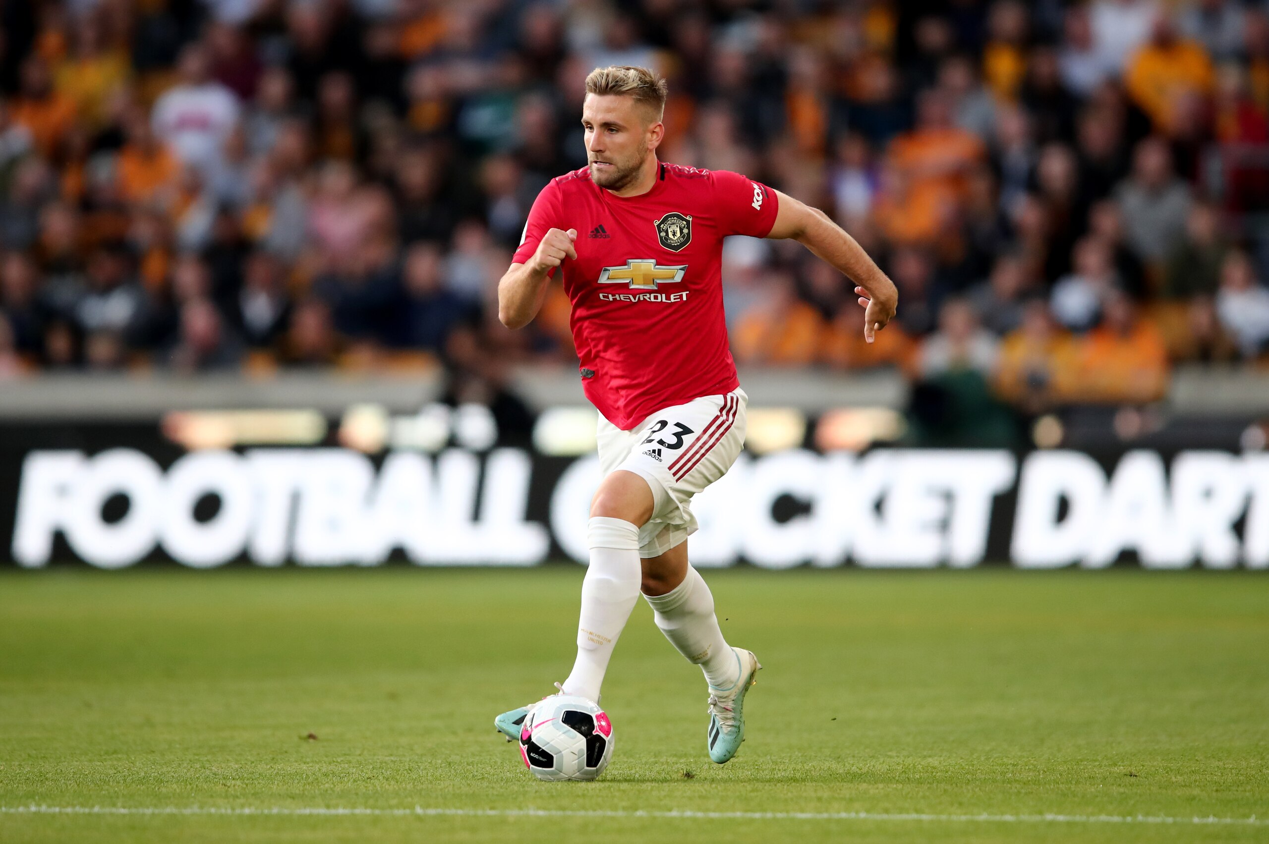 WOLVERHAMPTON, ENGLAND - AUGUST 19: Luke Shaw of Manchester United during the Premier League match between Wolverhampton Wanderers and Manchester United at Molineux on August 19, 2019 in Wolverhampton, United Kingdom. (Photo by Marc Atkins/Getty Images) WOLVERHAMPTON, ENGLAND - AUGUST 19: Luke Shaw of Manchester United during the Premier League match between Wolverhampton Wanderers and Manchester United at Molineux on August 19, 2019 in Wolverhampton, United Kingdom. (Photo by Marc Atkins/Getty Images)