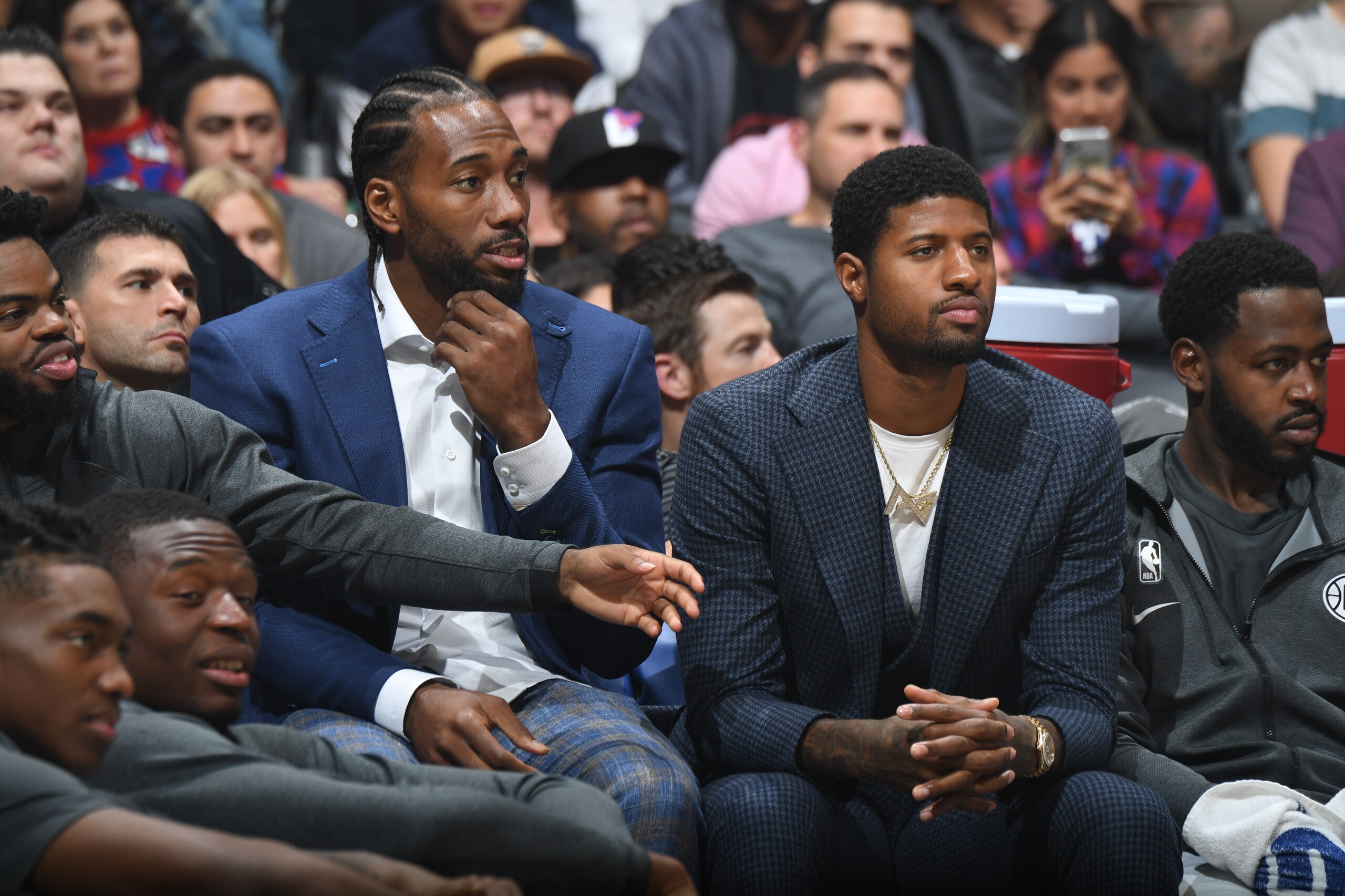 LOS ANGELES, CA - NOVEMBER 6: Kawhi Leonard #2, and Paul George #13 of the LA Clippers look on during the game against the Milwaukee Bucks on November 6, 2019 at STAPLES Center in Los Angeles, California. NOTE TO USER: User expressly acknowledges and agre