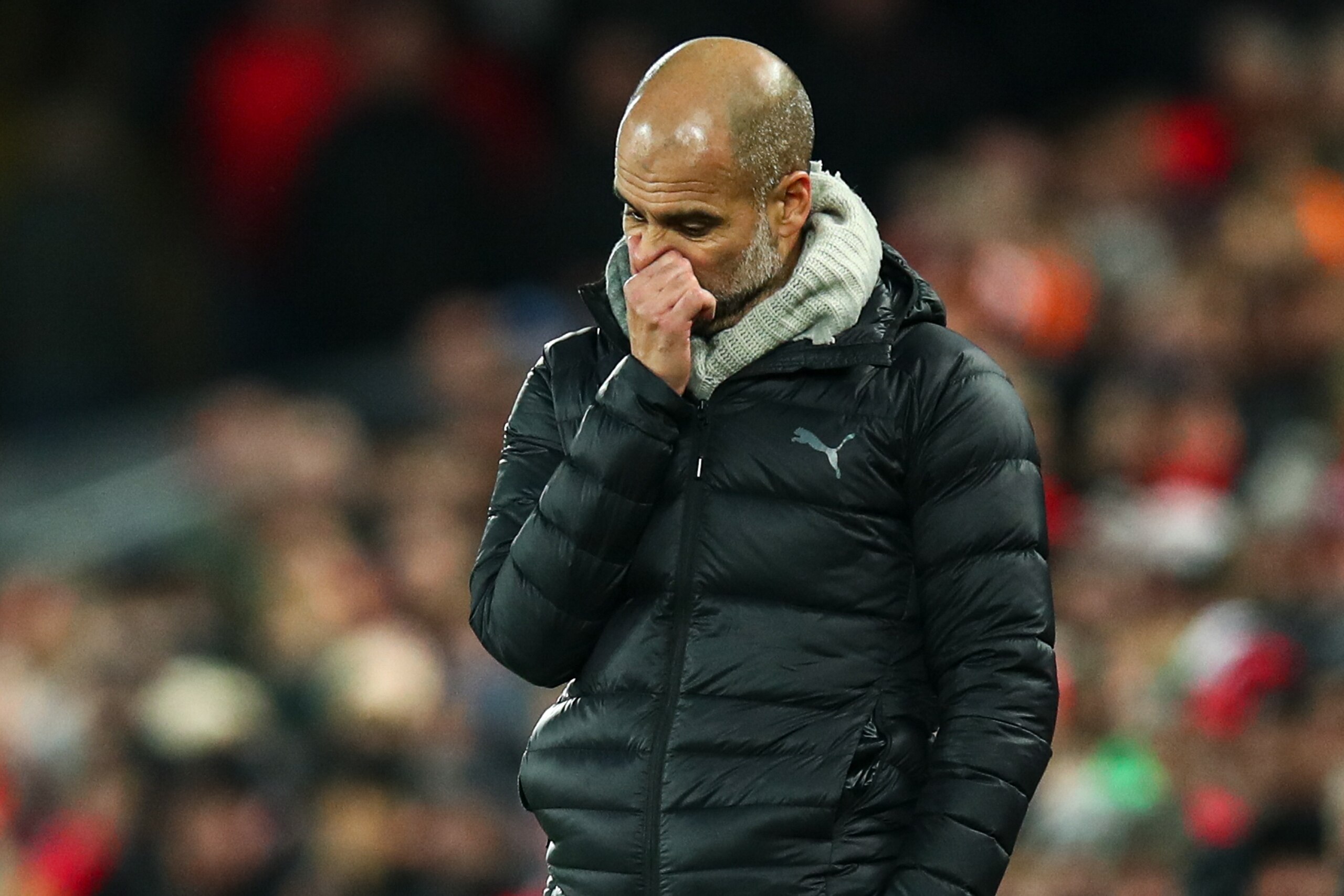 LIVERPOOL, ENGLAND - NOVEMBER 10: Pep Guardiola the head coach / manager of Manchester City reacts during the Premier League match between Liverpool FC and Manchester City at Anfield on November 10, 2019 in Liverpool, United Kingdom. (Photo by Robbie Jay 
