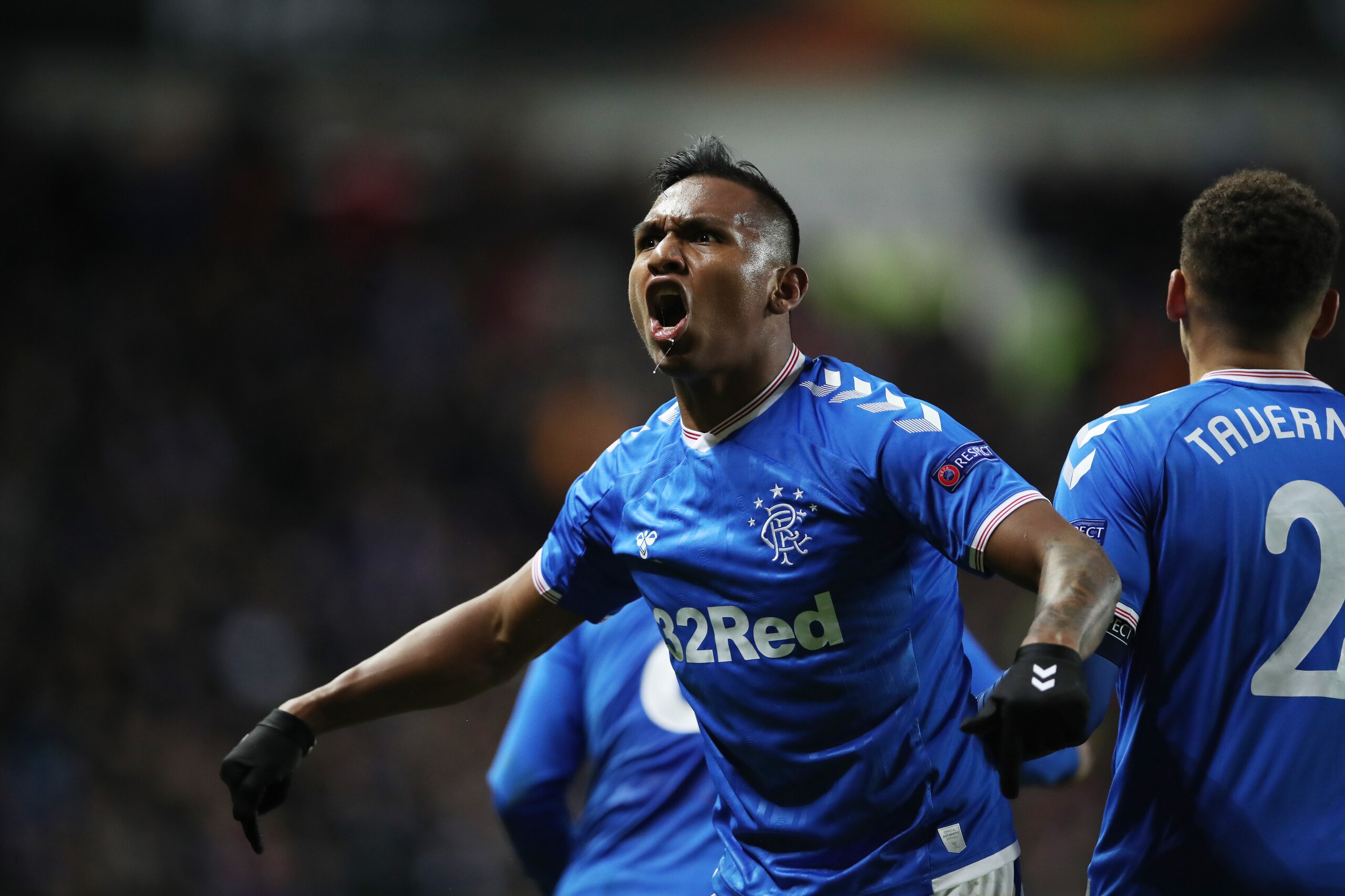 GLASGOW, SCOTLAND - NOVEMBER 07: Alfredo Morelos of Rangers celebrates scoring the opening goal during the UEFA Europa League group G match between Rangers FC and FC Porto at Ibrox Stadium on November 07, 2019 in Glasgow, United Kingdom. (Photo by Ian Mac