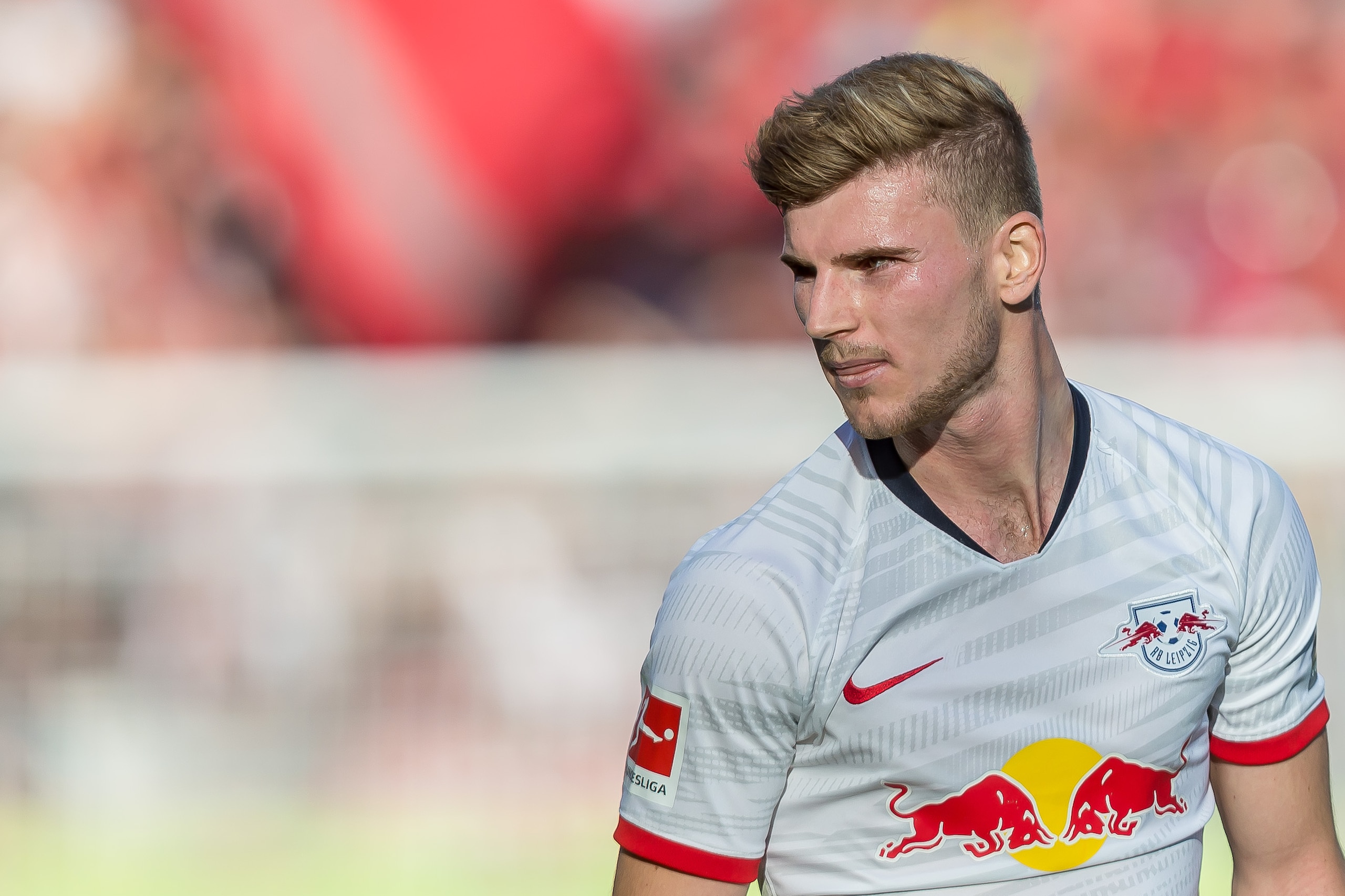 FREIBURG IM BREISGAU, GERMANY - OCTOBER 26: Timo Werner of RB Leipzig looks on during the Bundesliga match between Sport-Club Freiburg and RB Leipzig at Schwarzwald-Stadion on October 26, 2019 in Freiburg im Breisgau, Germany. (Photo by TF-Images/Getty Im