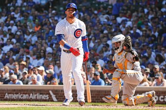 CHICAGO, ILLINOIS - SEPTEMBER 14: Willson Contreras #40 of the Chicago Cubs reacts after striking out during the third inning of a game against the Pittsburgh Pirates at Wrigley Field on September 14, 2019 in Chicago, Illinois. (Photo by Nuccio DiNuzzo/Ge