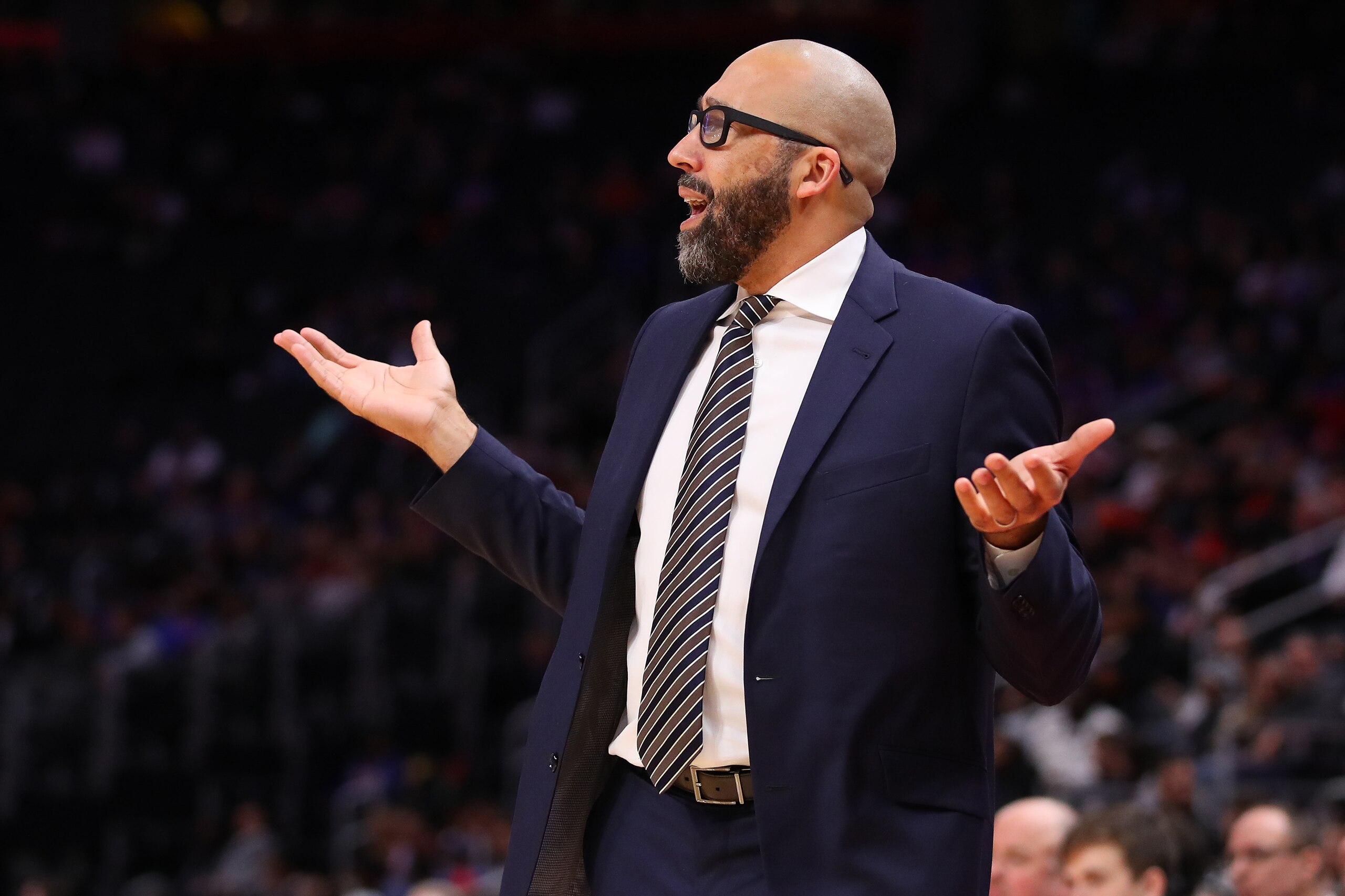 DETROIT, MICHIGAN - NOVEMBER 06: Head coach David Fizdale of the New York Knicks reacts while playing the Detroit Pistons at Little Caesars Arena on November 06, 2019 in Detroit, Michigan. Detroit won the game 122-102. NOTE TO USER: User expressly acknowl DETROIT, MICHIGAN - NOVEMBER 06: Head coach David Fizdale of the New York Knicks reacts while playing the Detroit Pistons at Little Caesars Arena on November 06, 2019 in Detroit, Michigan. Detroit won the game 122-102. NOTE TO USER: User expressly acknowl
