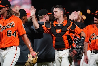 SAN FRANCISCO, CALIFORNIA - SEPTEMBER 13: Buster Posey #28 of the San Francisco Giants celebrates beating the Miami Marlins at Oracle Park on September 13, 2019 in San Francisco, California. (Photo by Daniel Shirey/Getty Images)