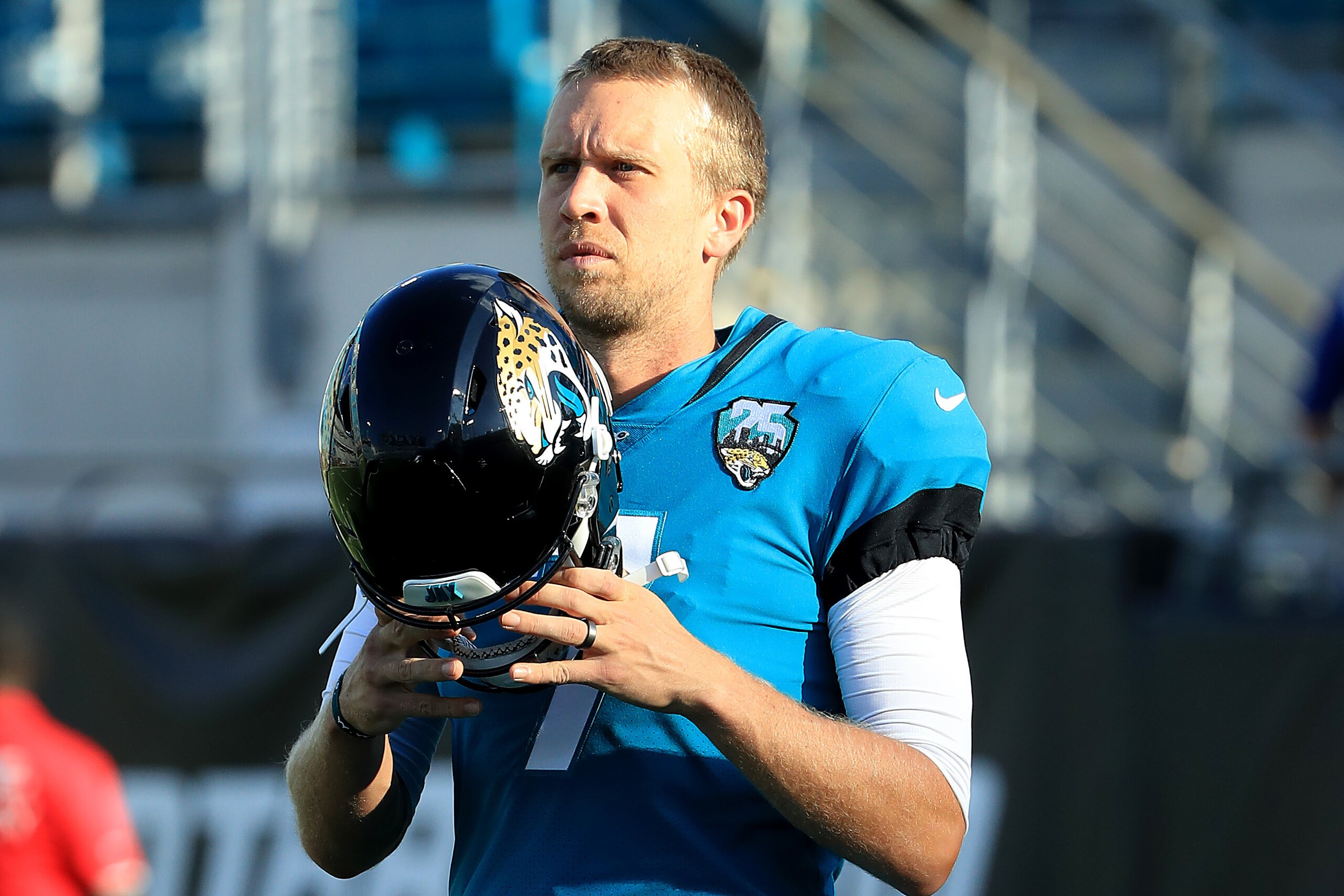 JACKSONVILLE, FLORIDA - AUGUST 29: Nick Foles #7 of the Jacksonville Jaguars warms up prior to a preseason game at TIAA Bank Field on August 29, 2019 in Jacksonville, Florida. (Photo by Sam Greenwood/Getty Images)
