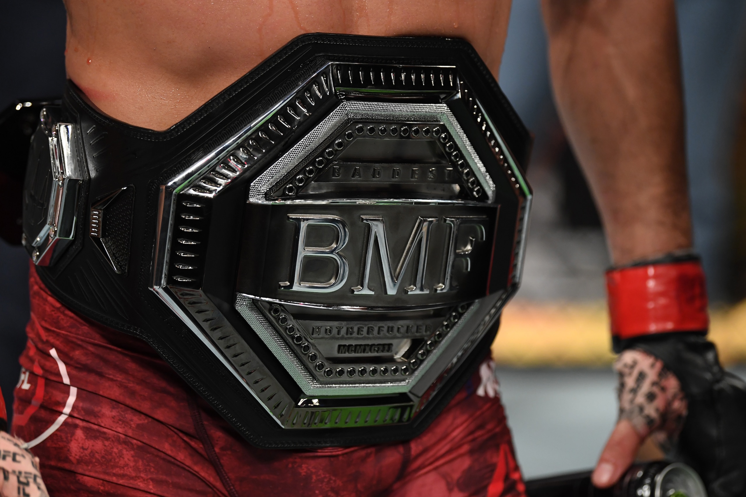 NEW YORK, NEW YORK - NOVEMBER 02: A detail shot of the BMF Belt after Jorge Masvidal defeats Nate Diaz (doctor's stoppage) in their welterweight bout for the BMF title during the UFC 244 event at Madison Square Garden on November 02, 2019 in New York City