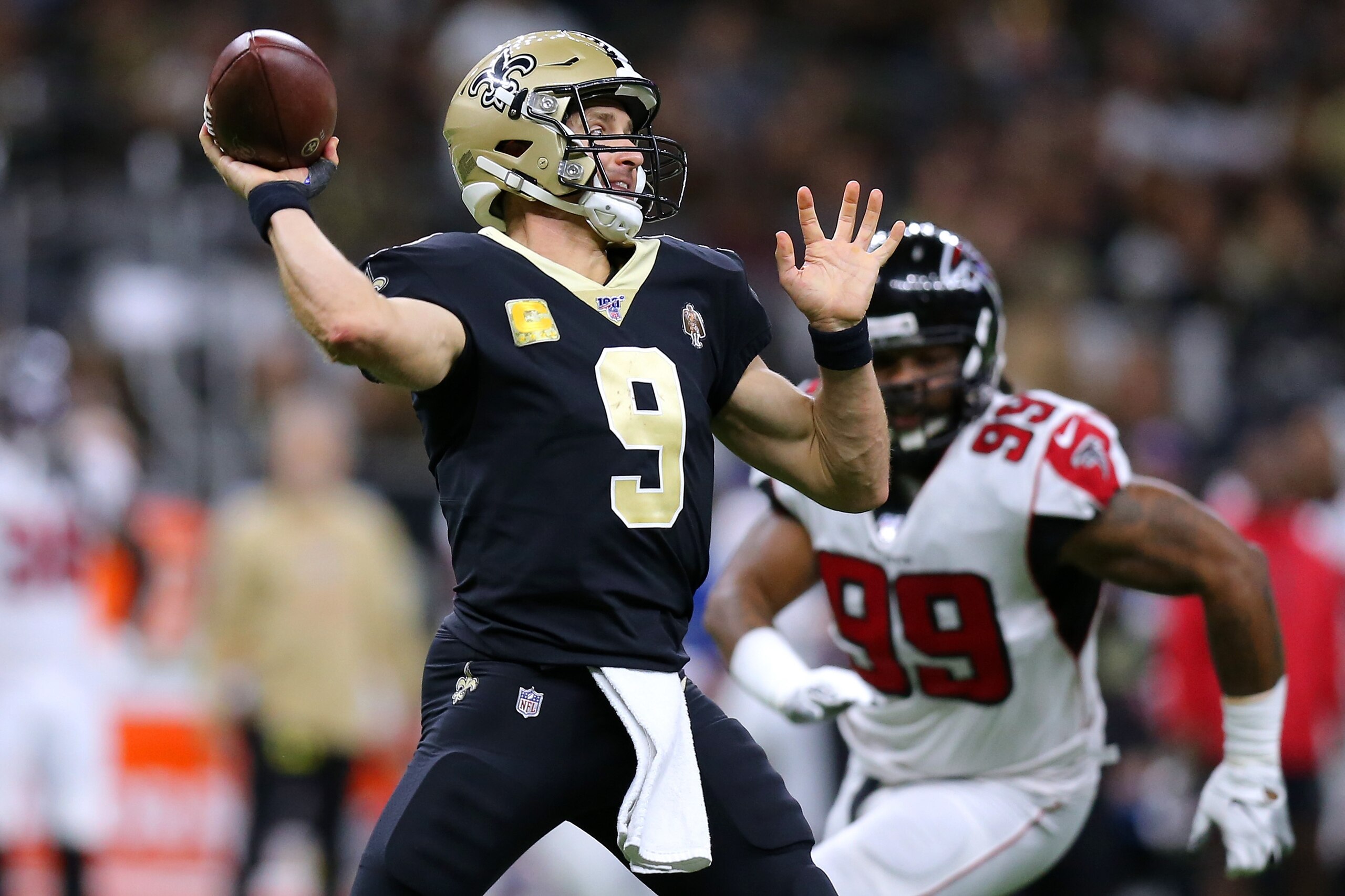 NEW ORLEANS, LOUISIANA - NOVEMBER 10: Drew Brees #9 of the New Orleans Saints throws the ball during a game against the Atlanta Falcons at the Mercedes Benz Superdome on November 10, 2019 in New Orleans, Louisiana. (Photo by Jonathan Bachman/Getty Images)