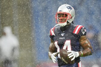 FOXBOROUGH, MASSACHUSETTS - OCTOBER 27: Wide receiver Mohamed Sanu Sr. #14 of the New England Patriots warms up prior to their game against the Cleveland Browns at Gillette Stadium on October 27, 2019 in Foxborough, Massachusetts. (Photo by Billie Weiss/G