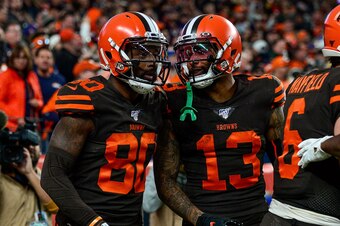 DENVER, CO - NOVEMBER 3:  Jarvis Landry #80 and Odell Beckham #13 of the Cleveland Browns celebrate after a fourth quarter Landry touchdown against the Denver Broncos at Empower Field at Mile High on November 3, 2019 in Denver, Colorado.  (Photo by Dustin