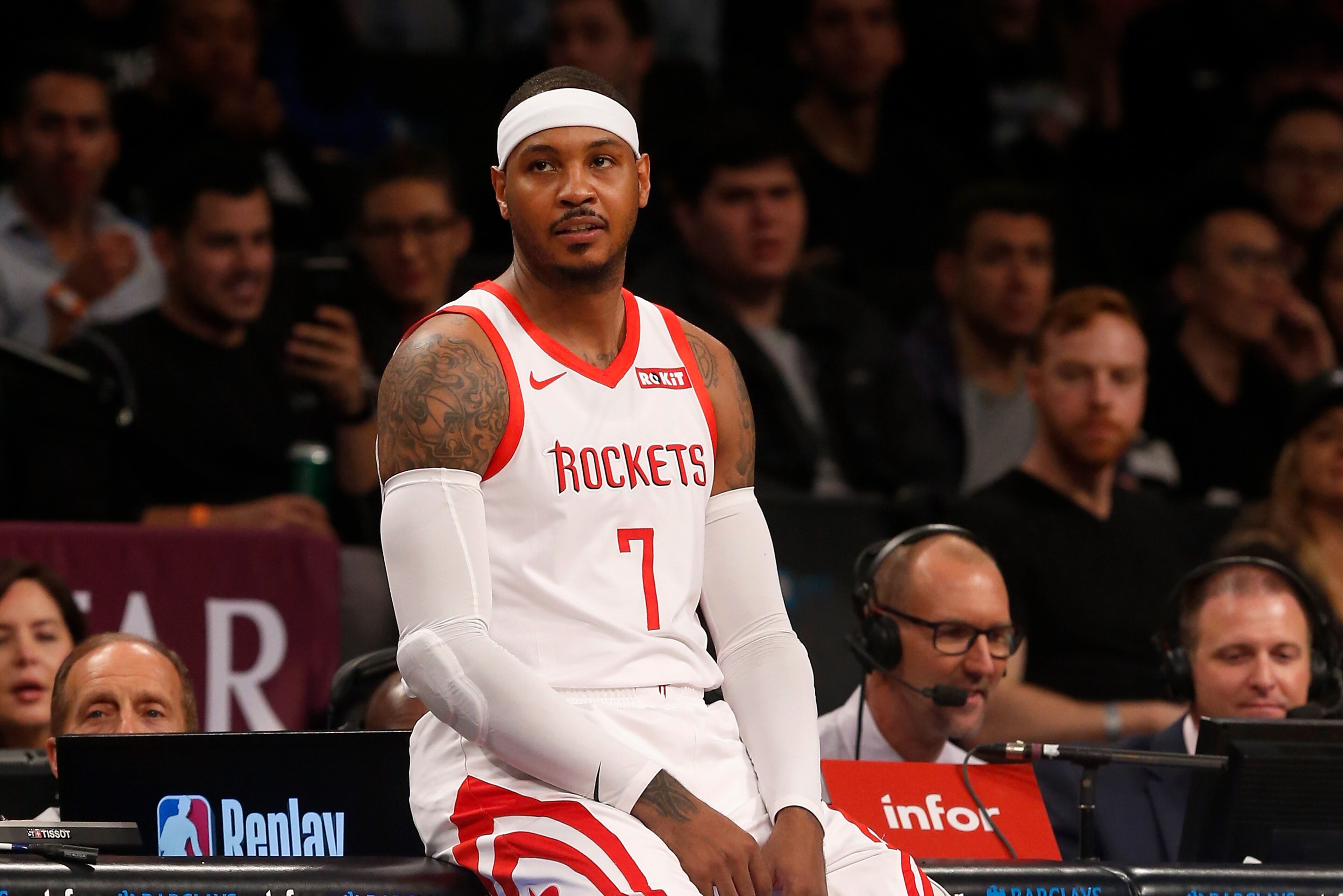 BROOKLYN, NY - NOVEMBER 02:  (NEW YORK DAILIES OUT)    Carmelo Anthony #7 of the Houston Rockets in action against the Brooklyn Nets at Barclays Center on November 2, 2018 in the Brooklyn borough of New York City.  The Rockets defeated the Nets 119-111. N