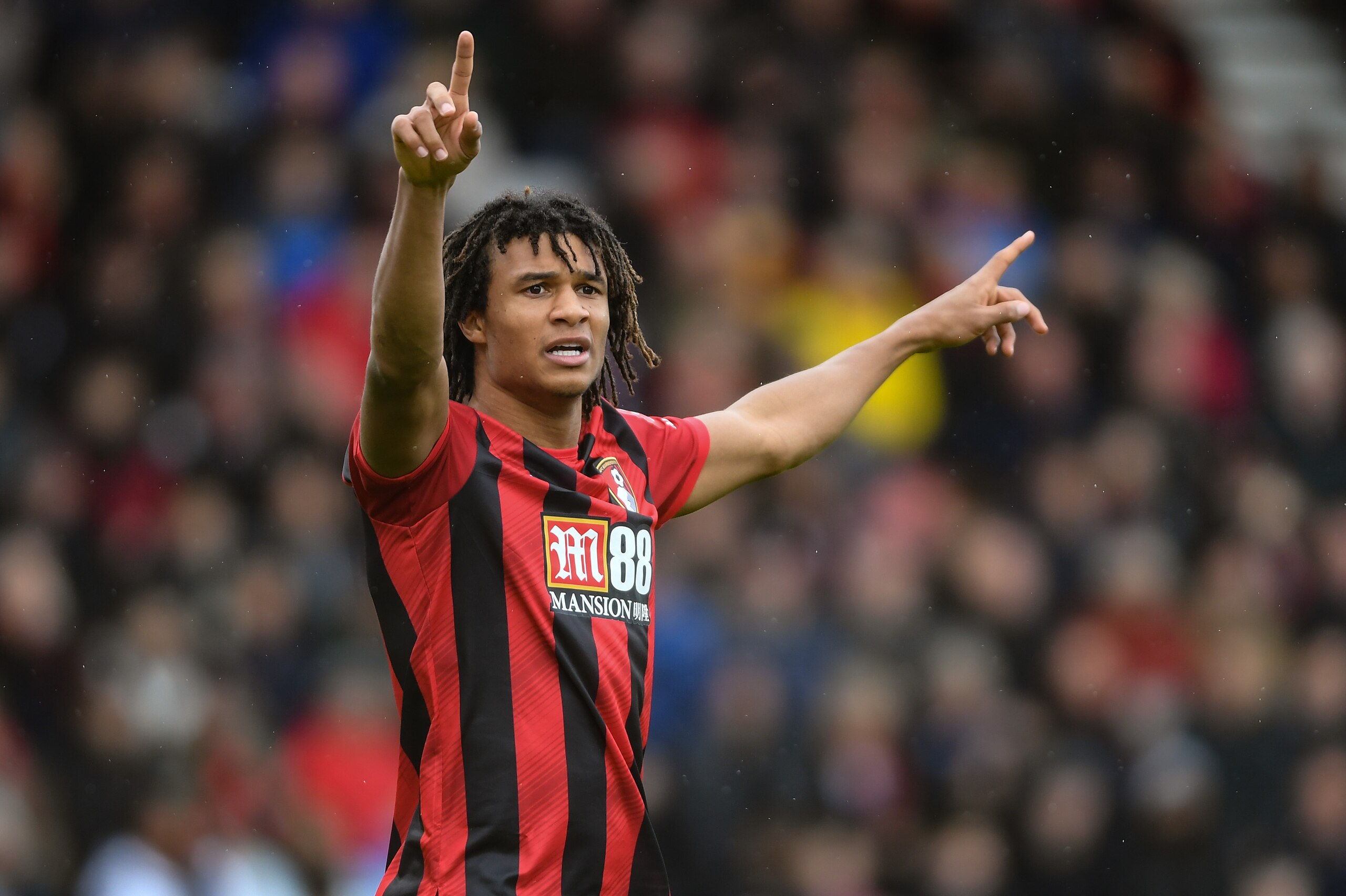 BOURNEMOUTH, ENGLAND - NOVEMBER 02: Nathan Ake of Bournemouth signals during the Premier League match between AFC Bournemouth and Manchester United at Vitality Stadium on November 02, 2019 in Bournemouth, United Kingdom. (Photo by Mike Hewitt/Getty Images