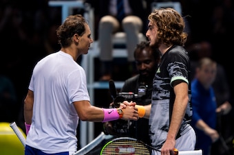 LONDON, ENGLAND - NOVEMBER 15: Rafael Nadal of Spain shakes hands with Stefanos Tsitsipas of Greece after beating him on Day Six of the Nitto ATP World Tour Finals at The O2 Arena on November 15, 2019 in London, England. (Photo by TPN/Getty Images)