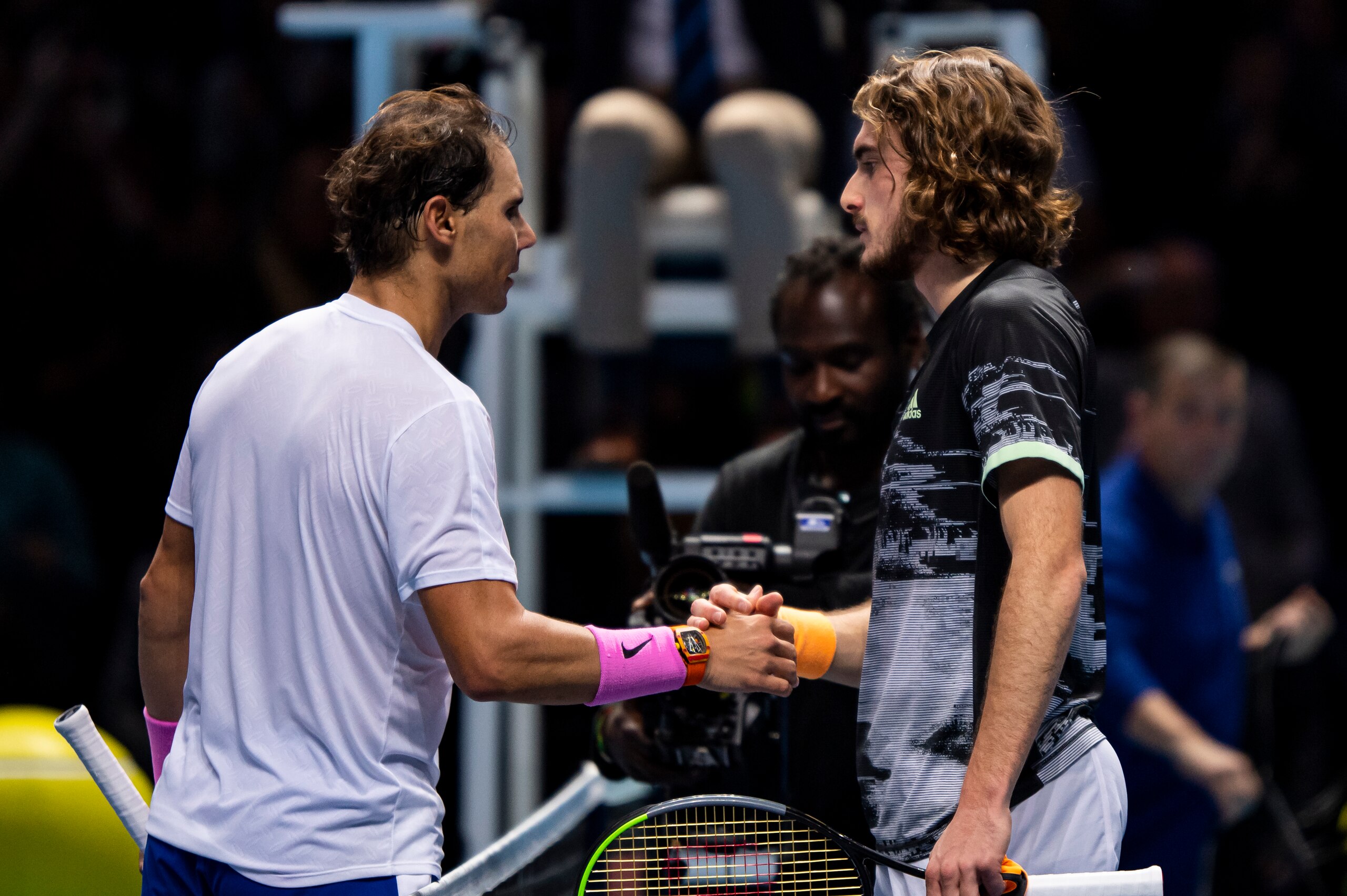 LONDON, ENGLAND - NOVEMBER 15: Rafael Nadal of Spain shakes hands with Stefanos Tsitsipas of Greece after beating him on Day Six of the Nitto ATP World Tour Finals at The O2 Arena on November 15, 2019 in London, England. (Photo by TPN/Getty Images)