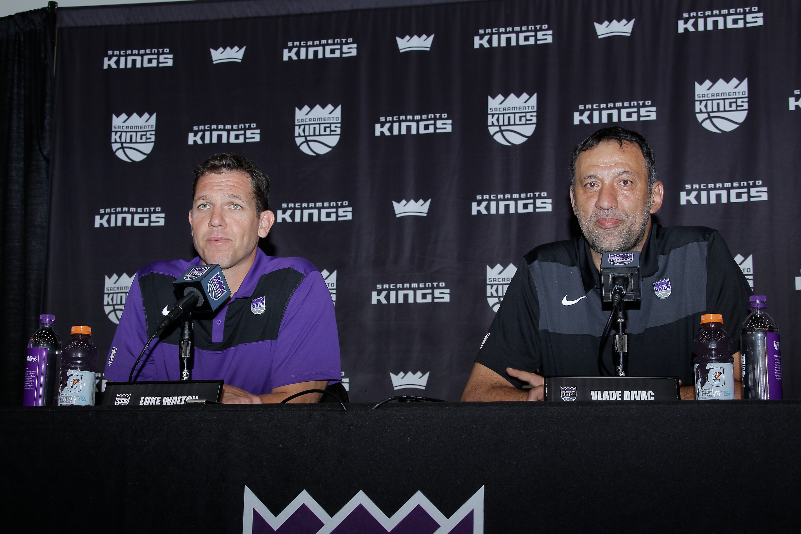 SACRAMENTO, CA - APRIL 15 : Vlade Divac introduces Luke Walton as the new Head Coach of the Sacramento Kings at a press conference on April 15, 2019 at the Golden 1 Center in Sacramento, California. NOTE TO USER: User expressly acknowledges and agrees tha