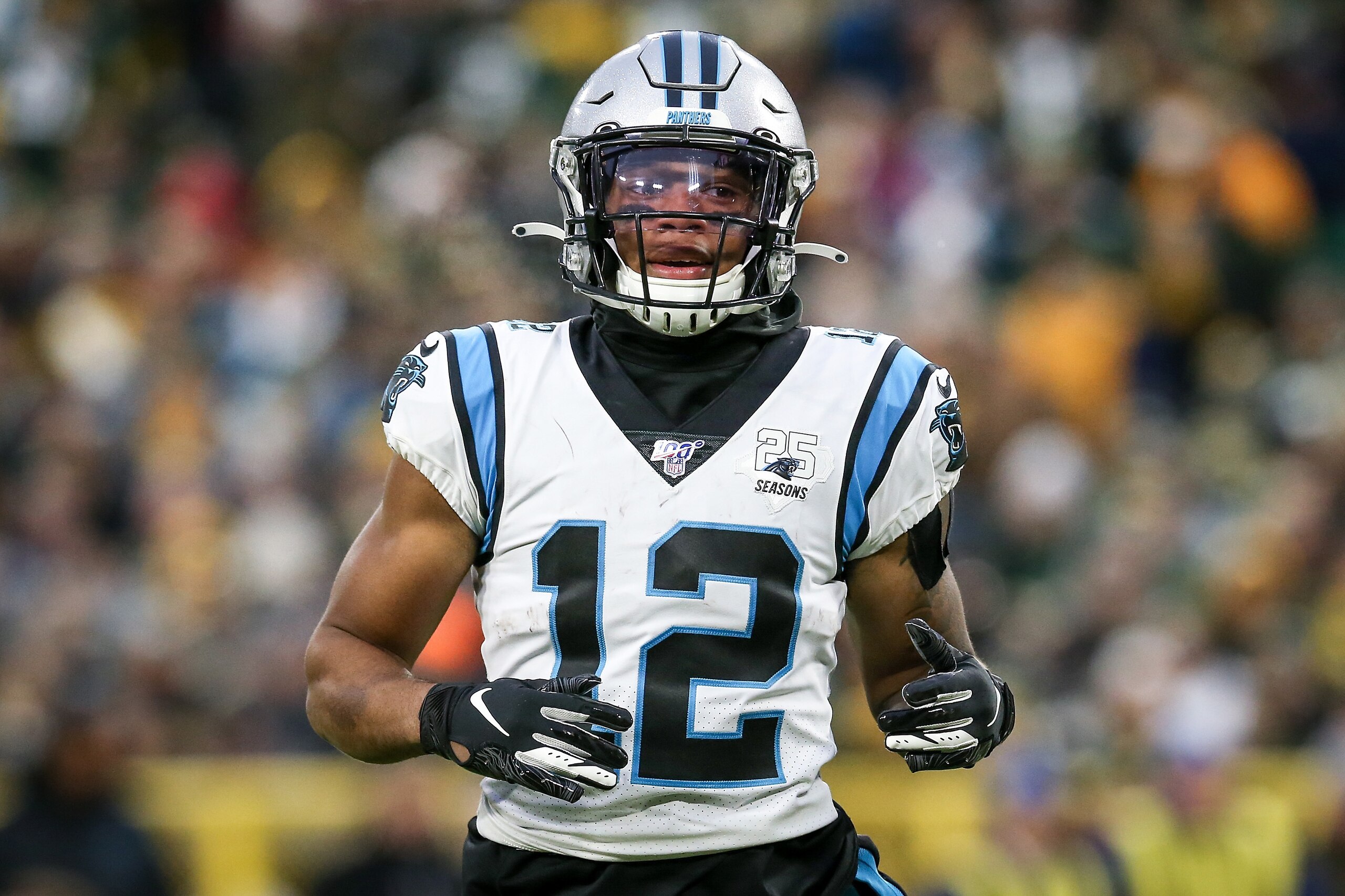 GREEN BAY, WISCONSIN - NOVEMBER 10:  D.J. Moore #12 of the Carolina Panthers lines up for a play in the first quarter against the Green Bay Packers at Lambeau Field on November 10, 2019 in Green Bay, Wisconsin. (Photo by Dylan Buell/Getty Images)