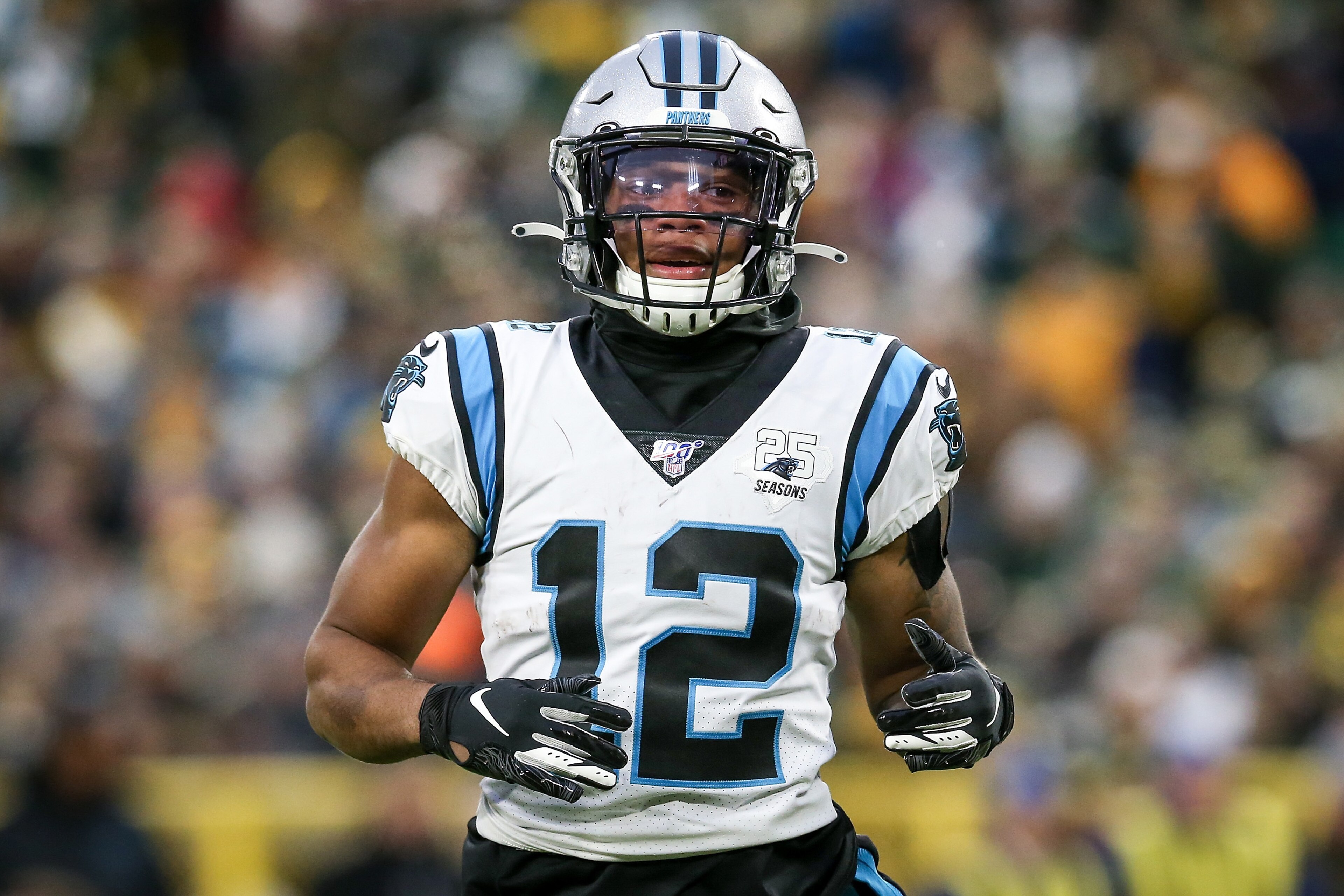 GREEN BAY, WISCONSIN - NOVEMBER 10:  D.J. Moore #12 of the Carolina Panthers lines up for a play in the first quarter against the Green Bay Packers at Lambeau Field on November 10, 2019 in Green Bay, Wisconsin. (Photo by Dylan Buell/Getty Images)