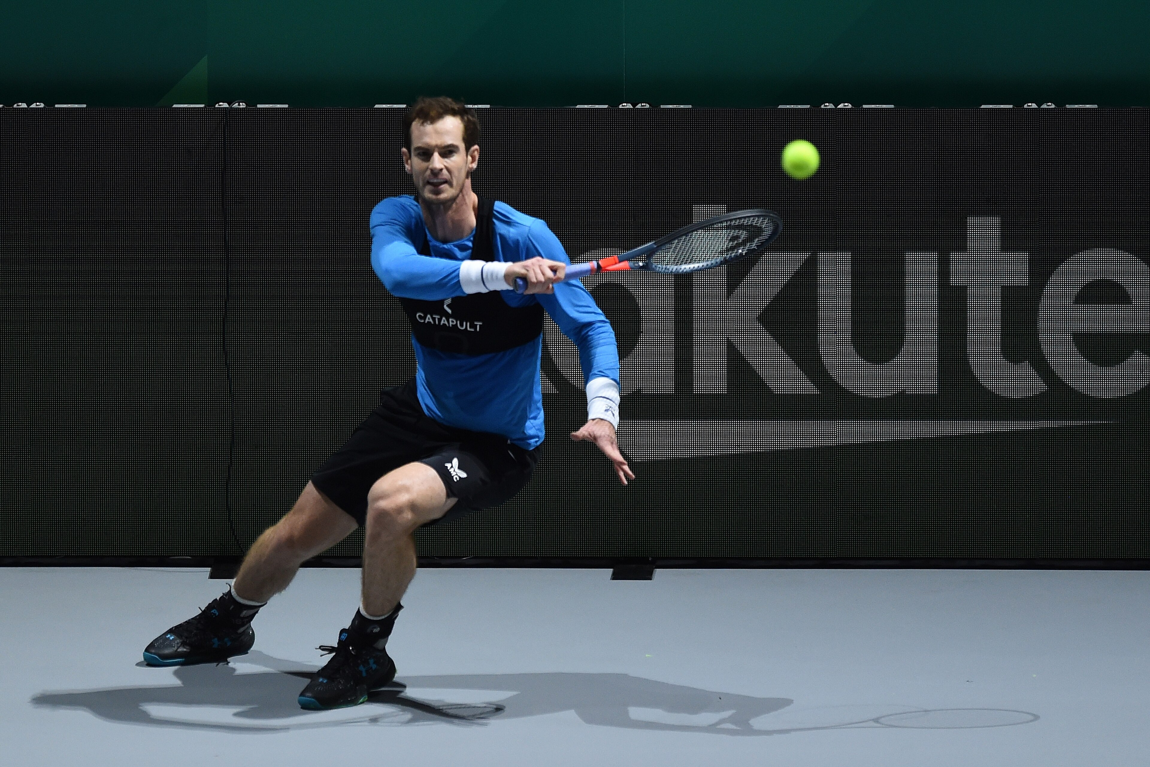 MADRID, SPAIN - NOVEMBER 15: Andy Murray of Great Britain returns the ball during a training session during Day Two of the 2019 David Cup at La Caja Magica on November 15, 2019 in Madrid, Spain. (Photo by Denis Doyle/Getty Images for LTA)