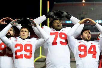 PISCATAWAY, NEW JERSEY - NOVEMBER 16: Ohio State Buckeyes sing their alma mater song following their 56-21 win over the Rutgers Scarlet Knights at SHI Stadium on November 16, 2019 in Piscataway, New Jersey. (Photo by Emilee Chinn/Getty Images)